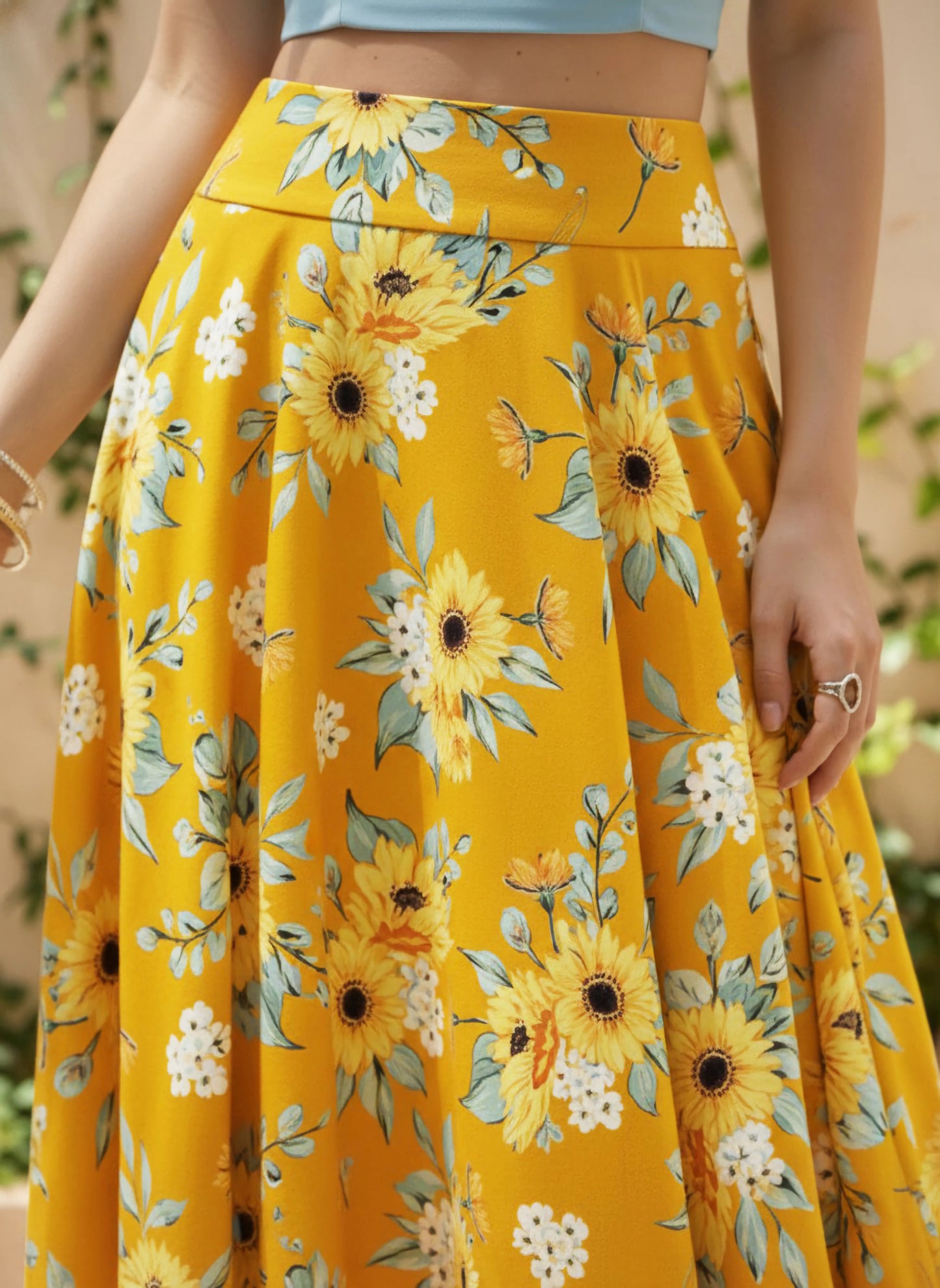 Berrylush Women Yellow & Green Floral Printed High-Rise Waist Slip-On Pleated A-Line Midi Skirt