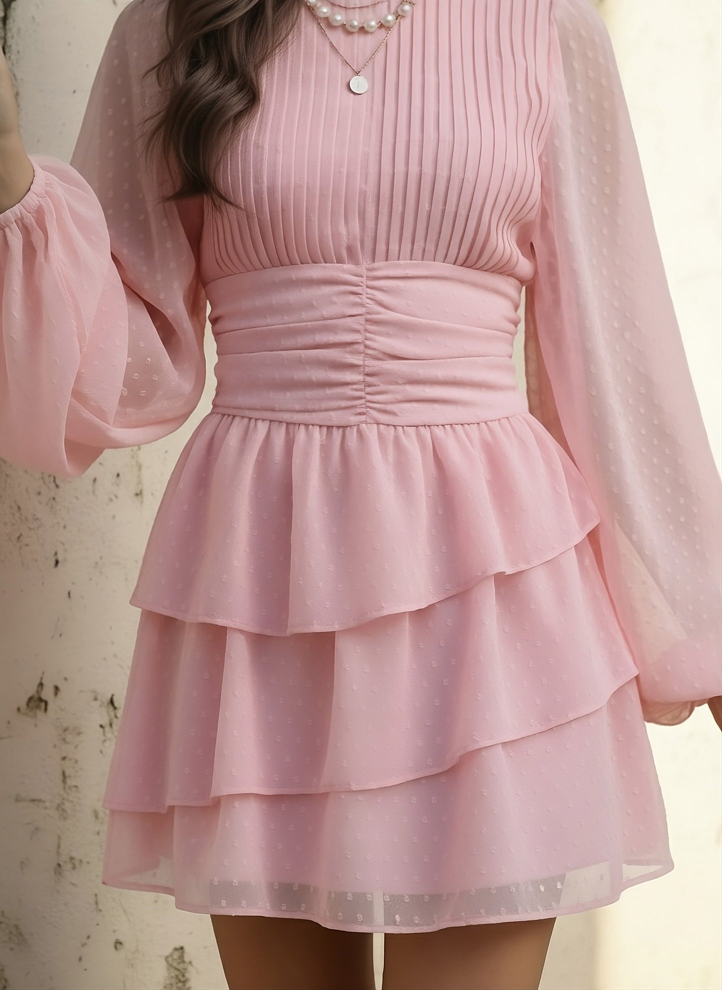 Berrylush Women Solid Pink Round Neck Sheer Sleeves Georgette Flounce Hem Pleated Fit & Flare Mini Dress