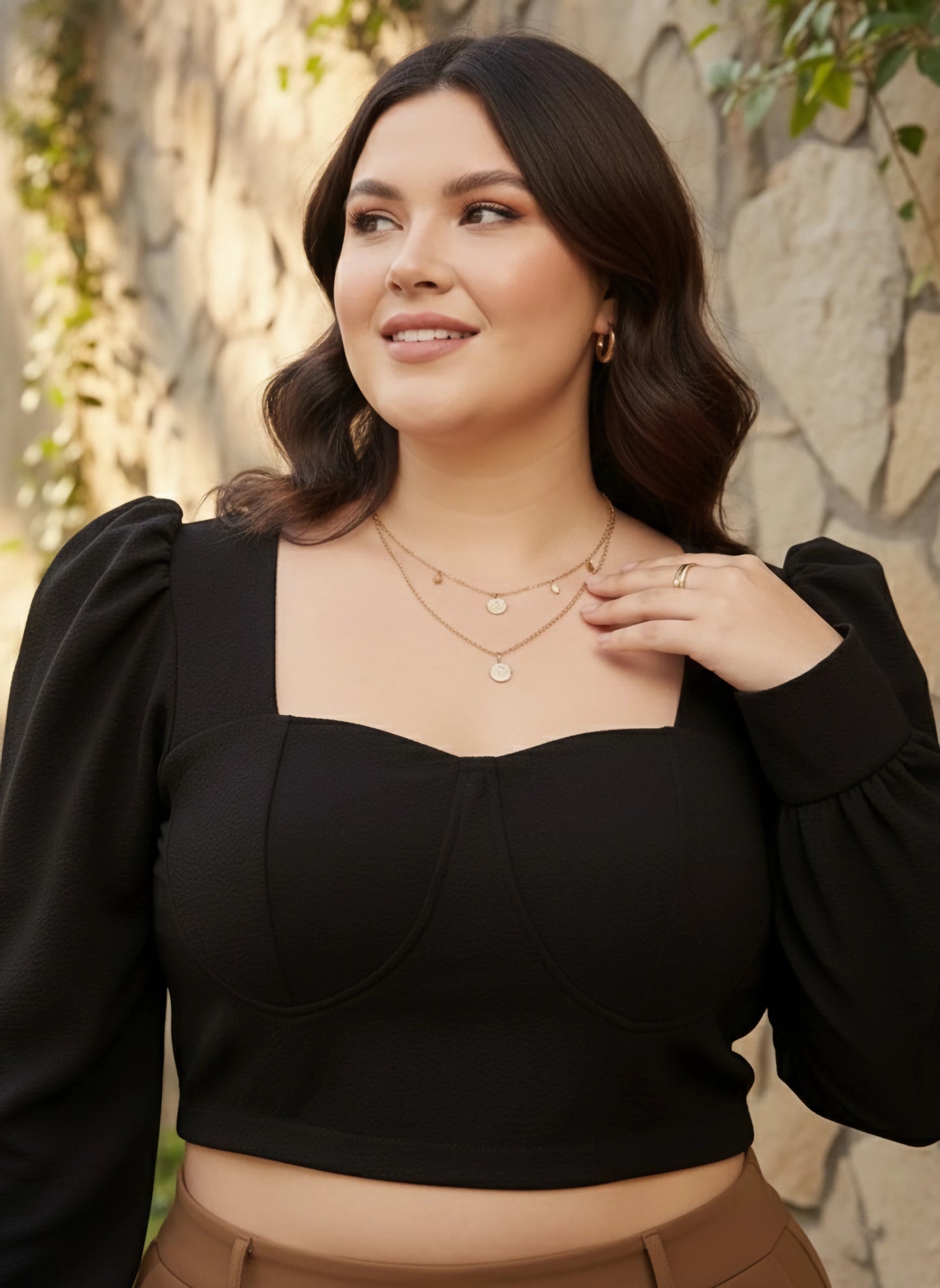 Curve Solid Black Sweetheart Neck Puff Sleeves Knitted Crop Top