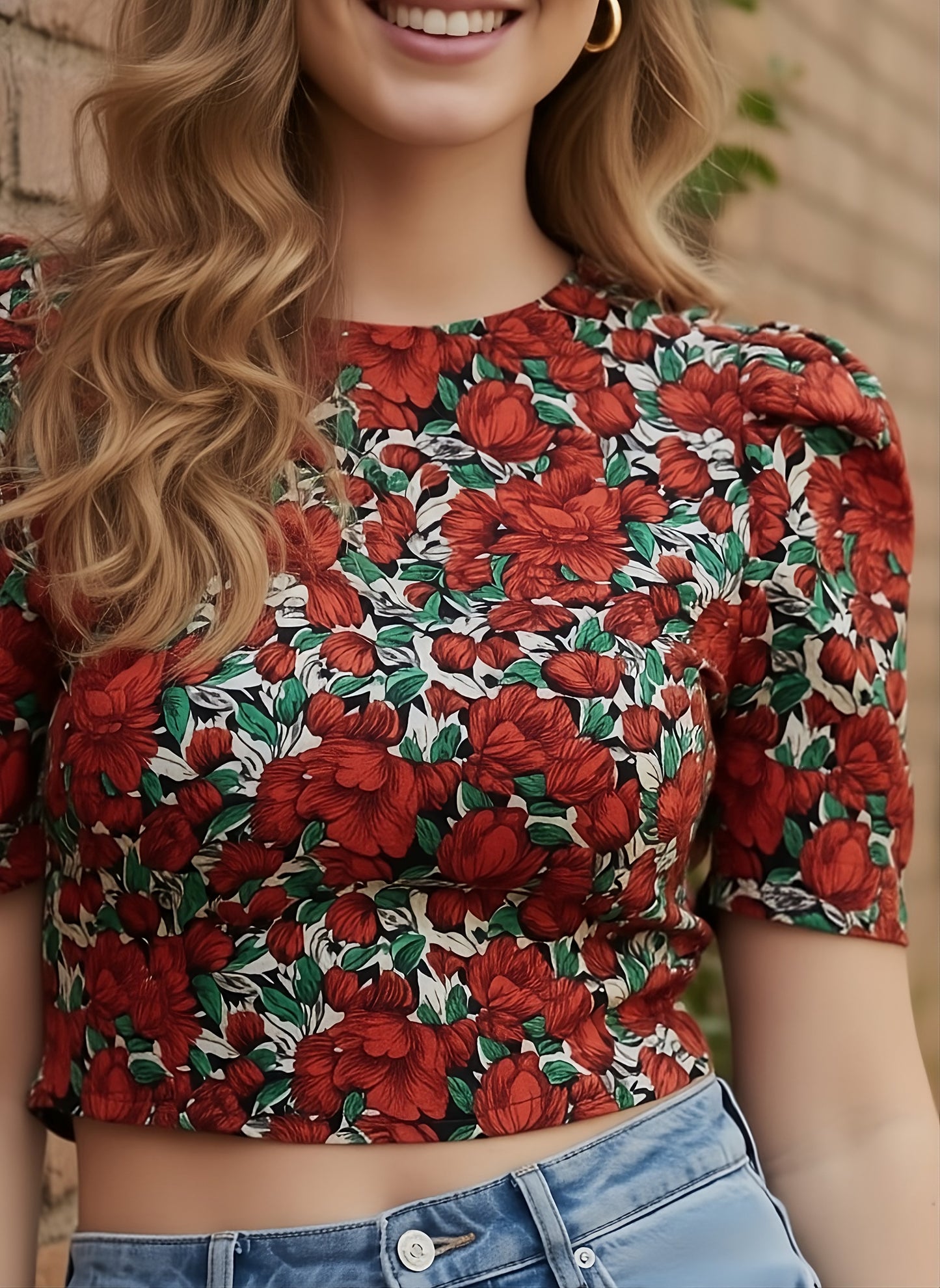 Berrylush Women Red & Green Floral Printed Round Neck Tie-Up Back Crepe Fitted Crop Top