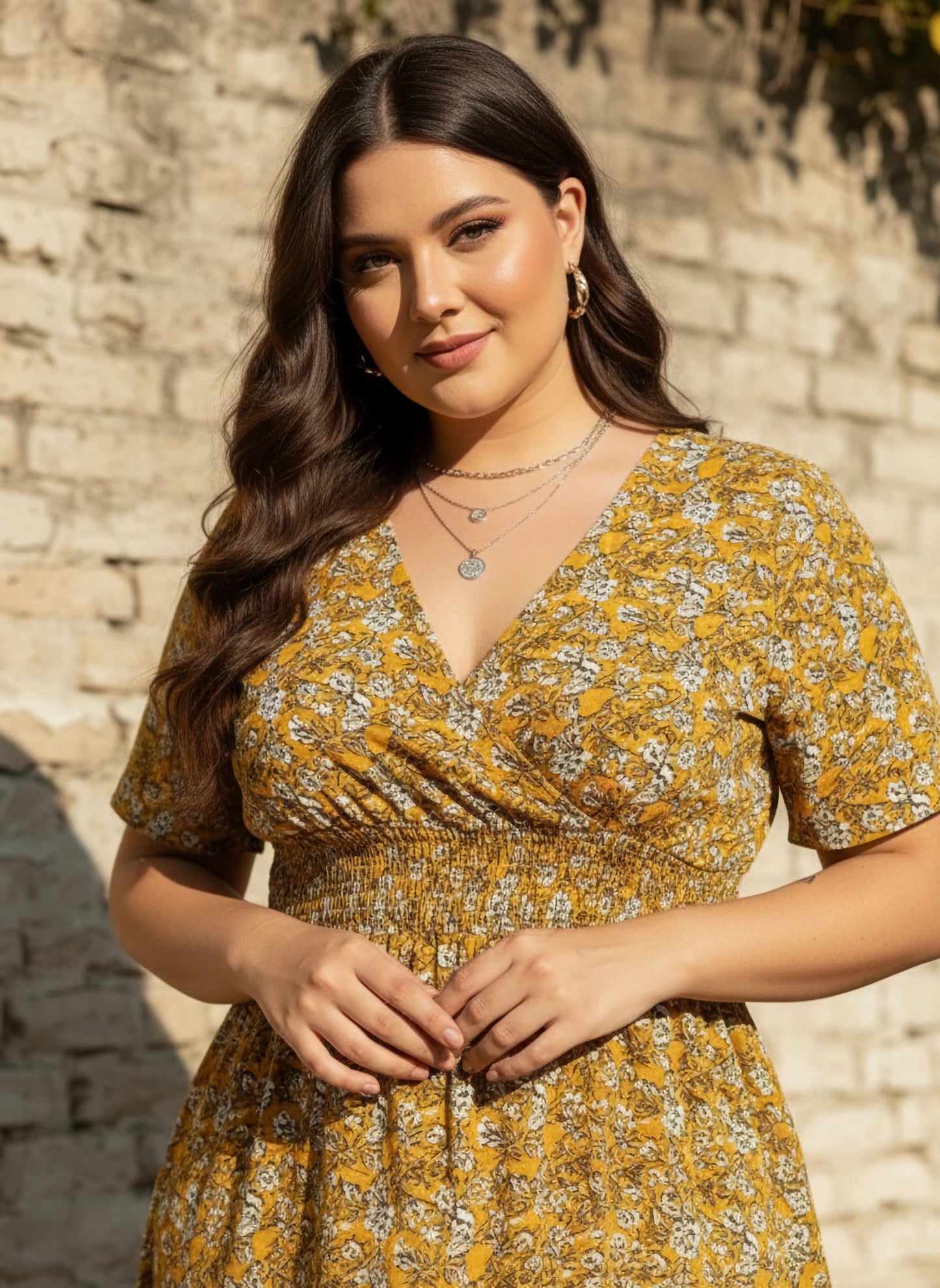 Curve Mustard Yellow & White Floral Printed V-Neck Short Sleeves Wrap Smocked Fit & Flare Midi Dress