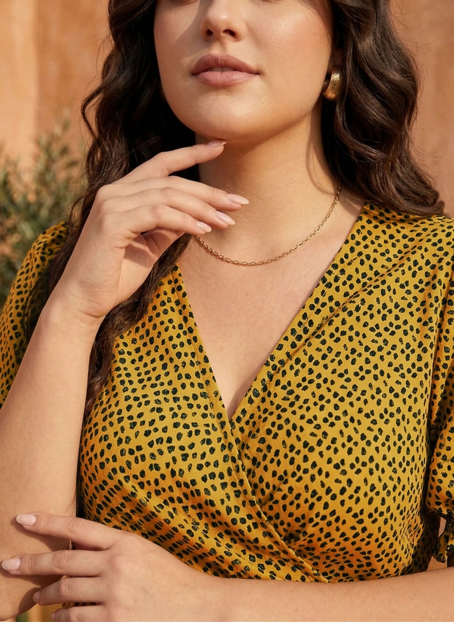 Berrylush Women Yellow & Black Animal Printed V-Neck Waist Tie-Up Crepe Wrap Crop Top
