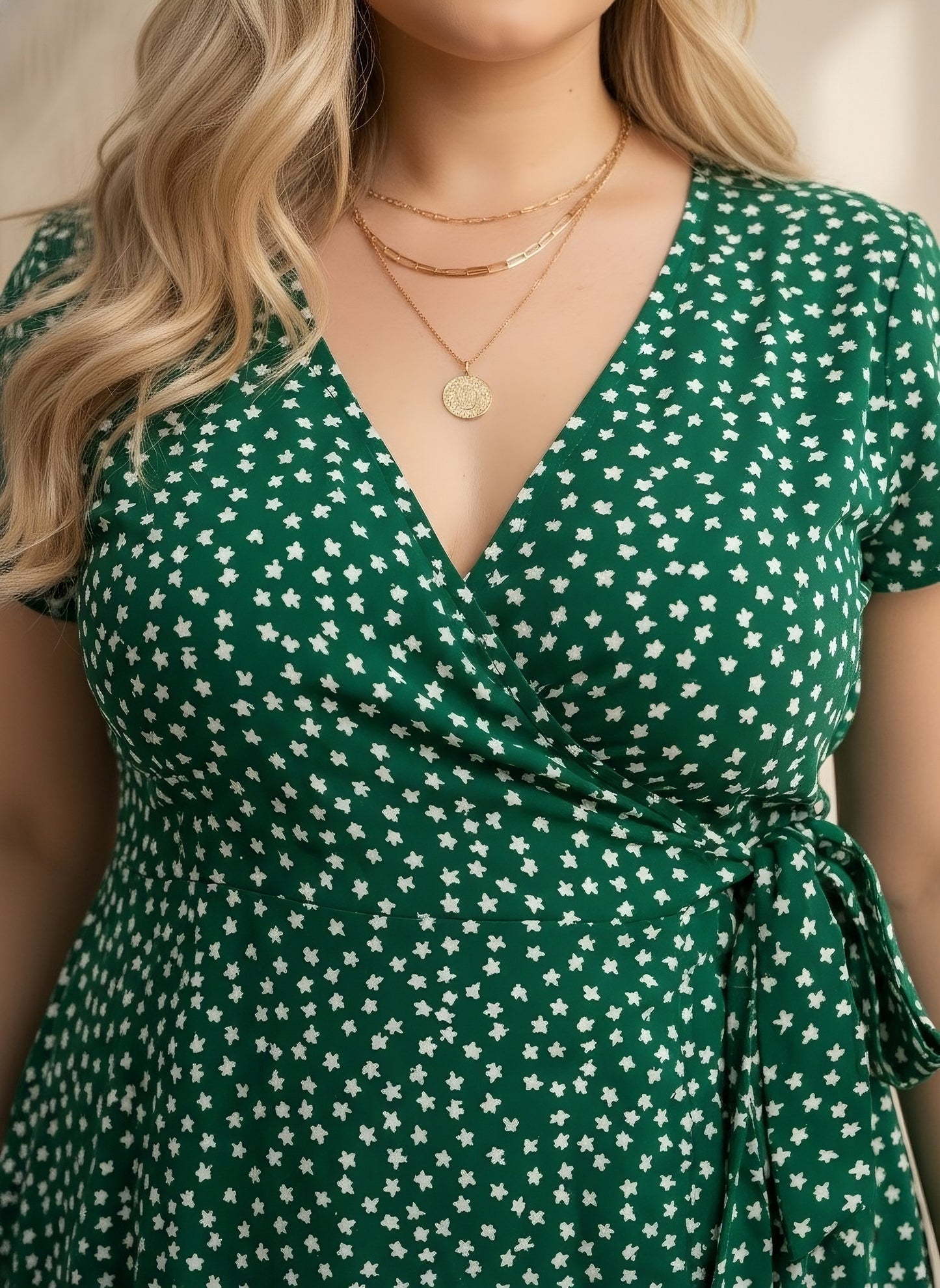 Berrylush Curve Women Green & White Floral Printed V-Neck Flutter Sleeve Waist Tie-Up Straight Hem Wrap Midi Dress