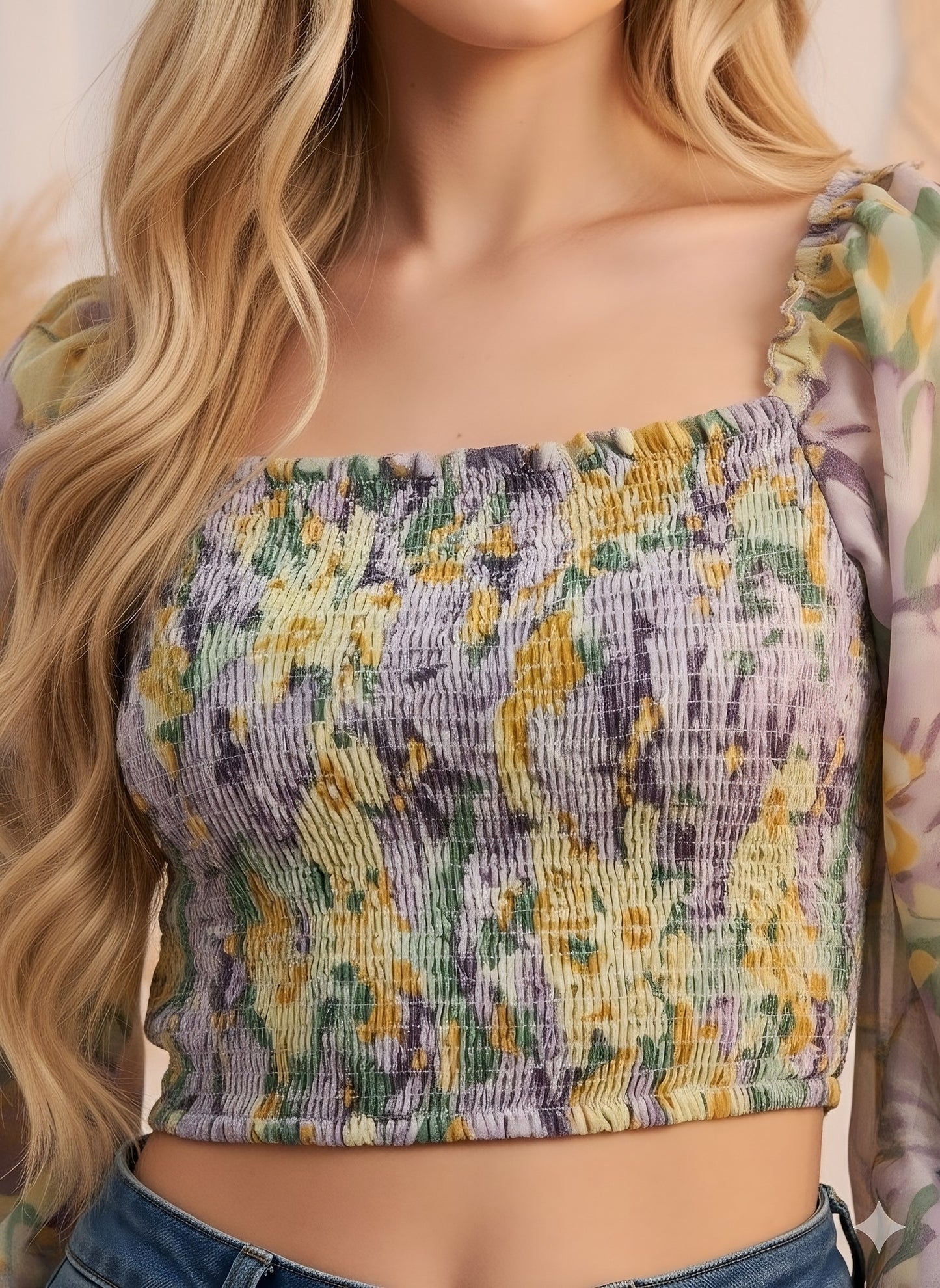 Berrylush Women Purple & Yellow Floral Printed Square Neck Bishop Sleeves Georgette Smocked Crop Top