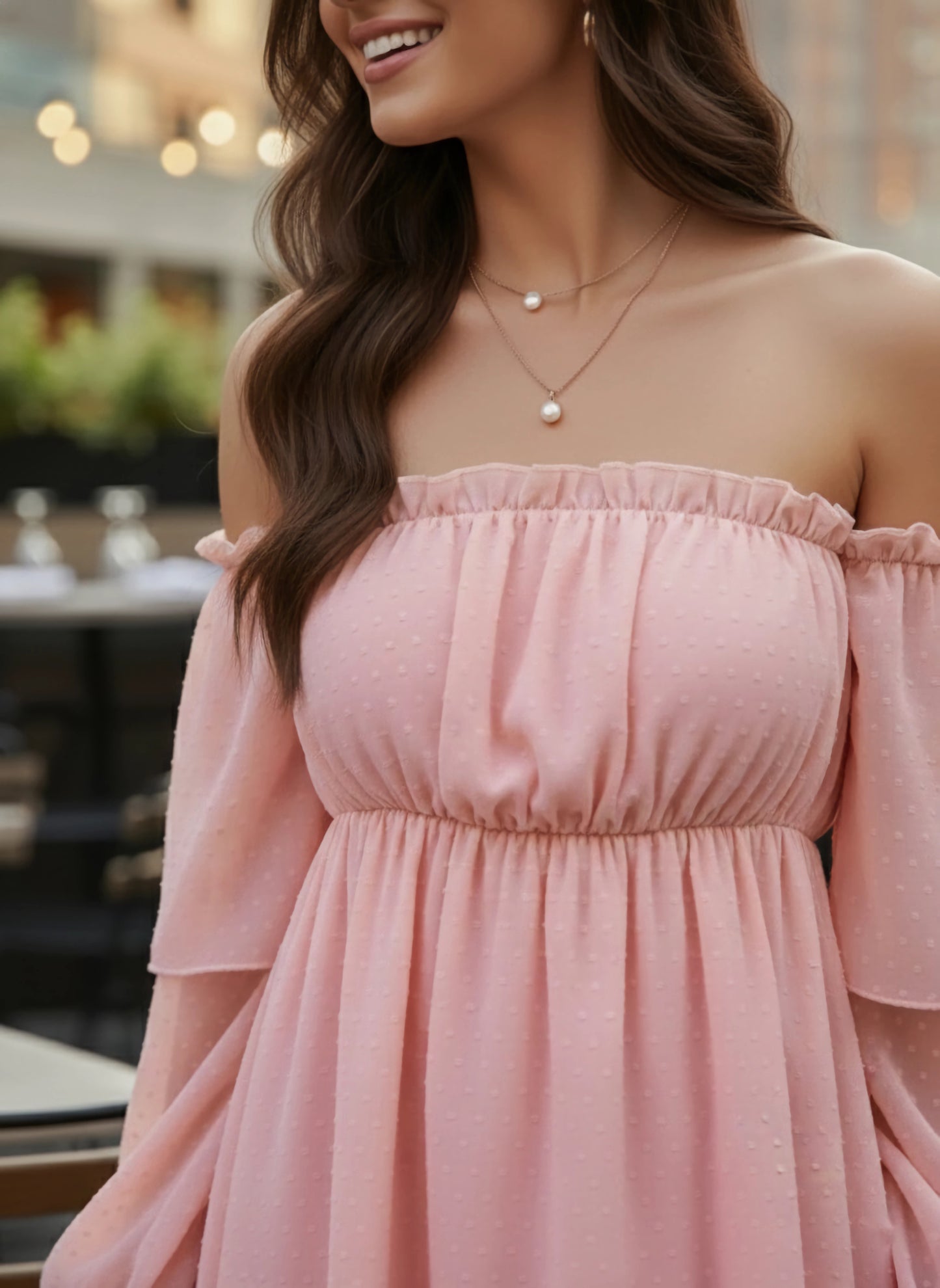 Solid Pink Dobby Weave Off-Shoulder Neck Flutter Sleeve Ruffled A-Line Mini Dress