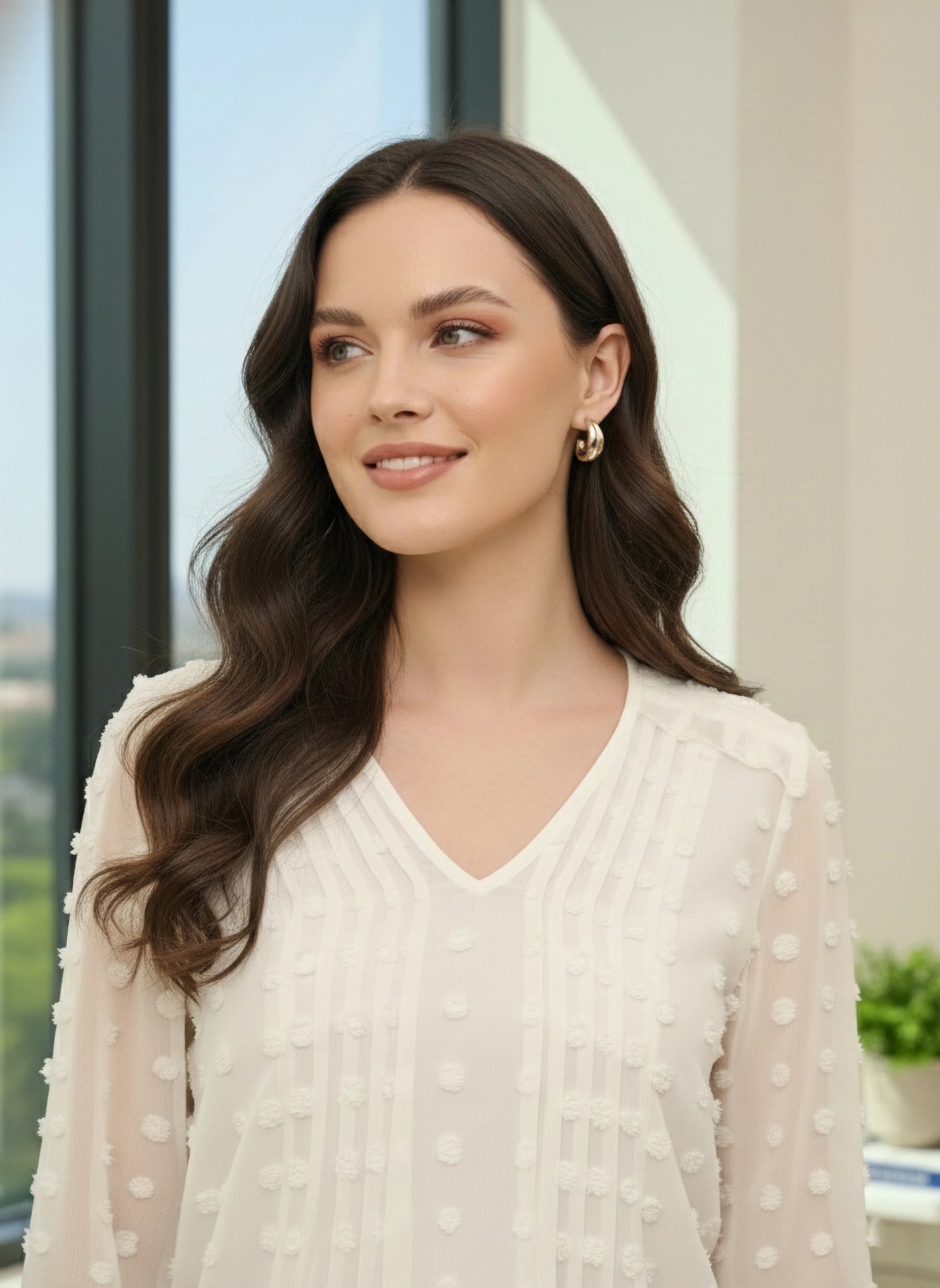 BIZwear White Solid V-Neck Long Sleeve Regular Top