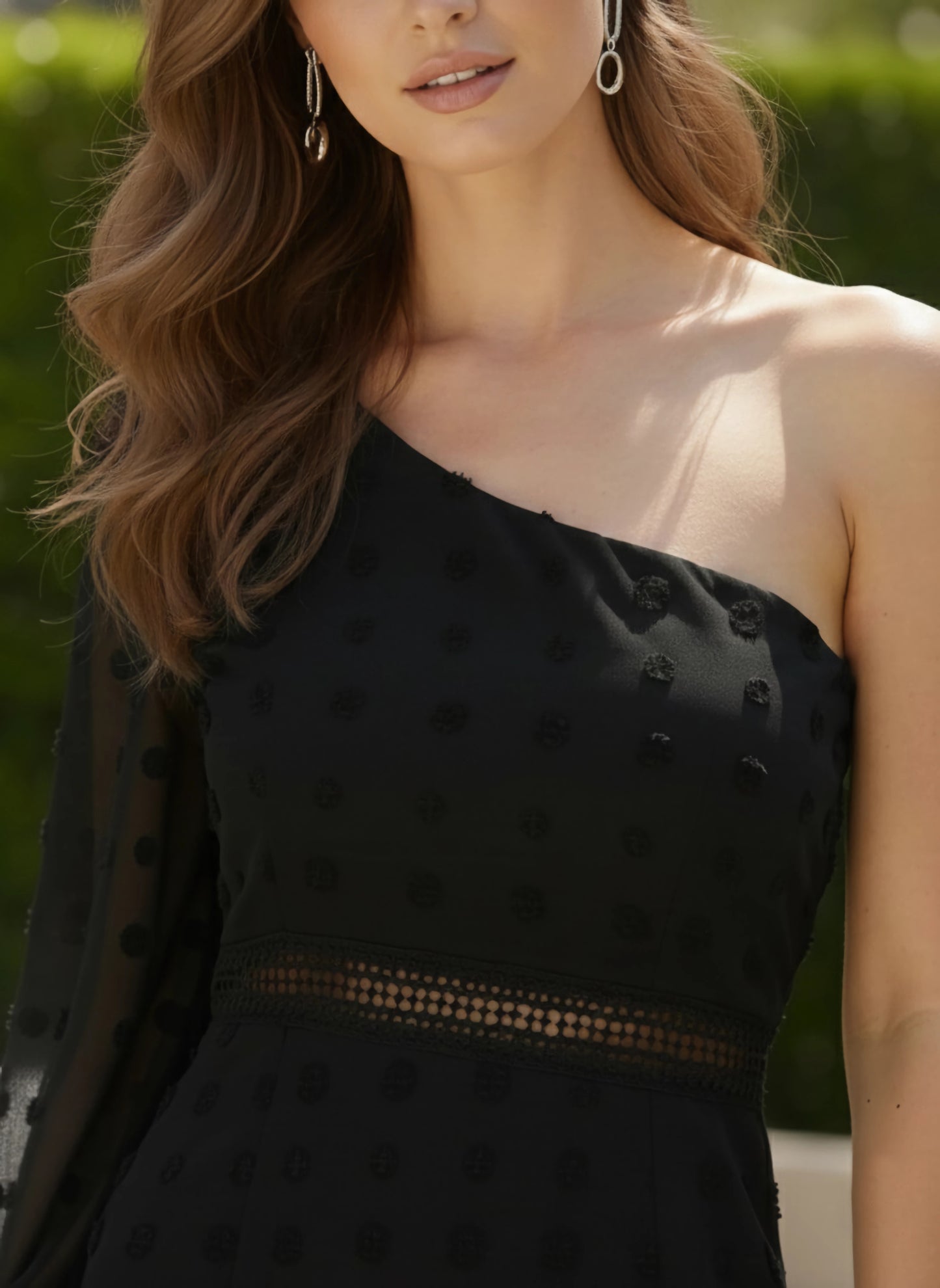 Berrylush Women Solid Black One-Shoulder Neck Bishop Sleeves Jacquard Schiffli Bodycon Mini Dress