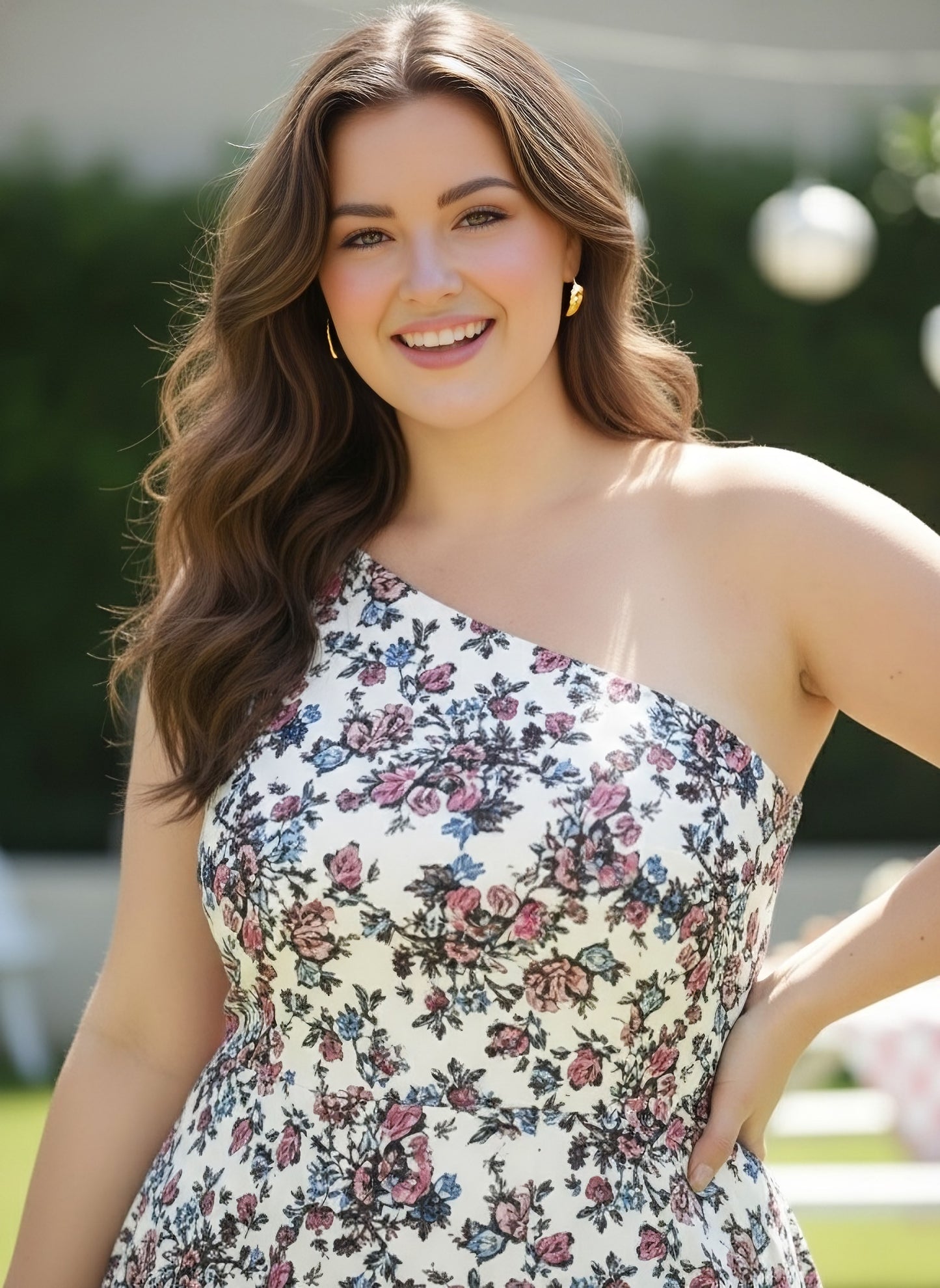 Berrylush Women Plus Size White Floral Printed One-Shoulder Neck Thigh-High Slit Flared Maxi Dress