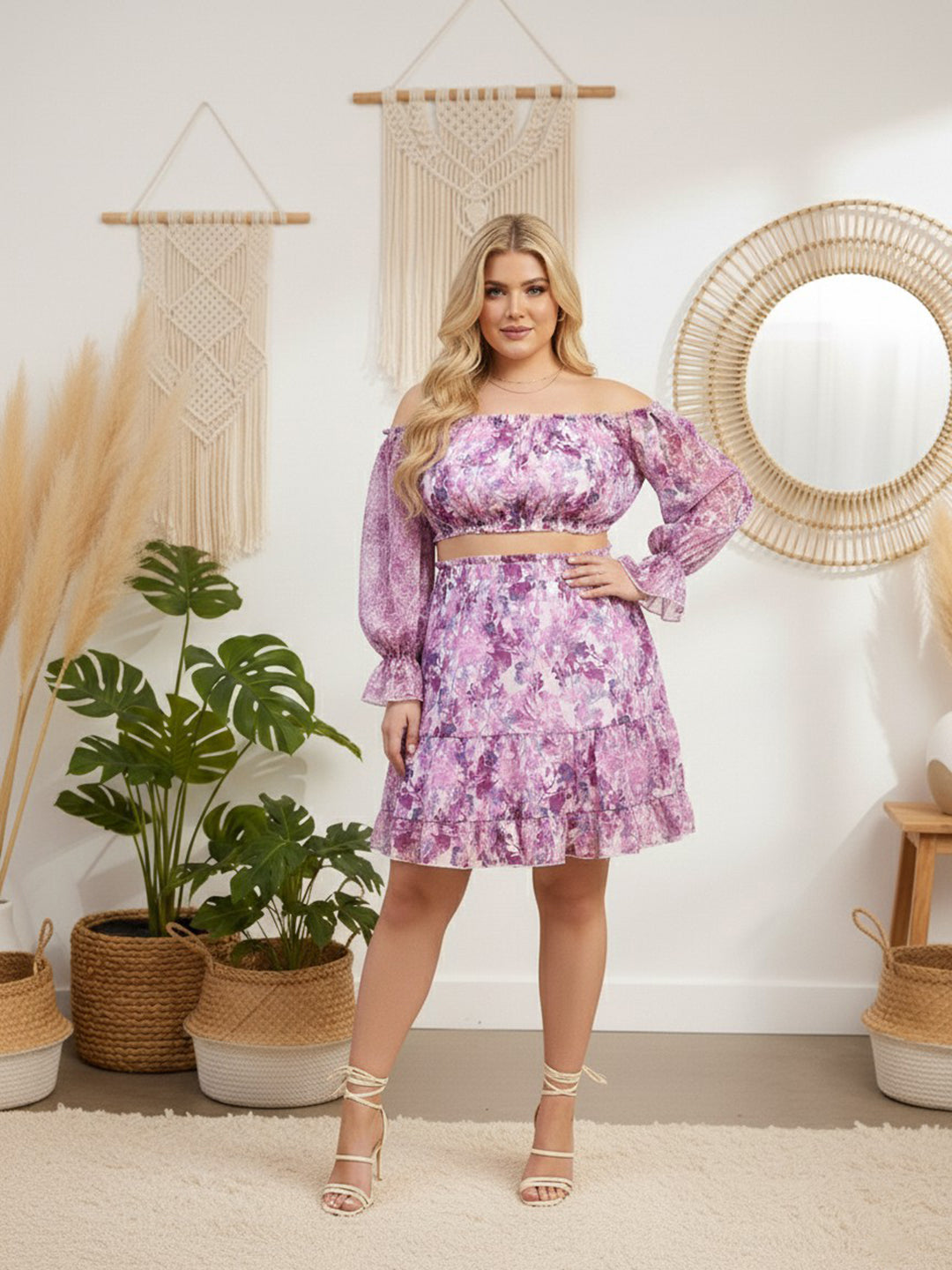 Berrylush Curve Women White & Purple Floral Printed Off-Shoulder Neck Slip-On Cropped Top & Flared Mini Skirt Co-Ord Set