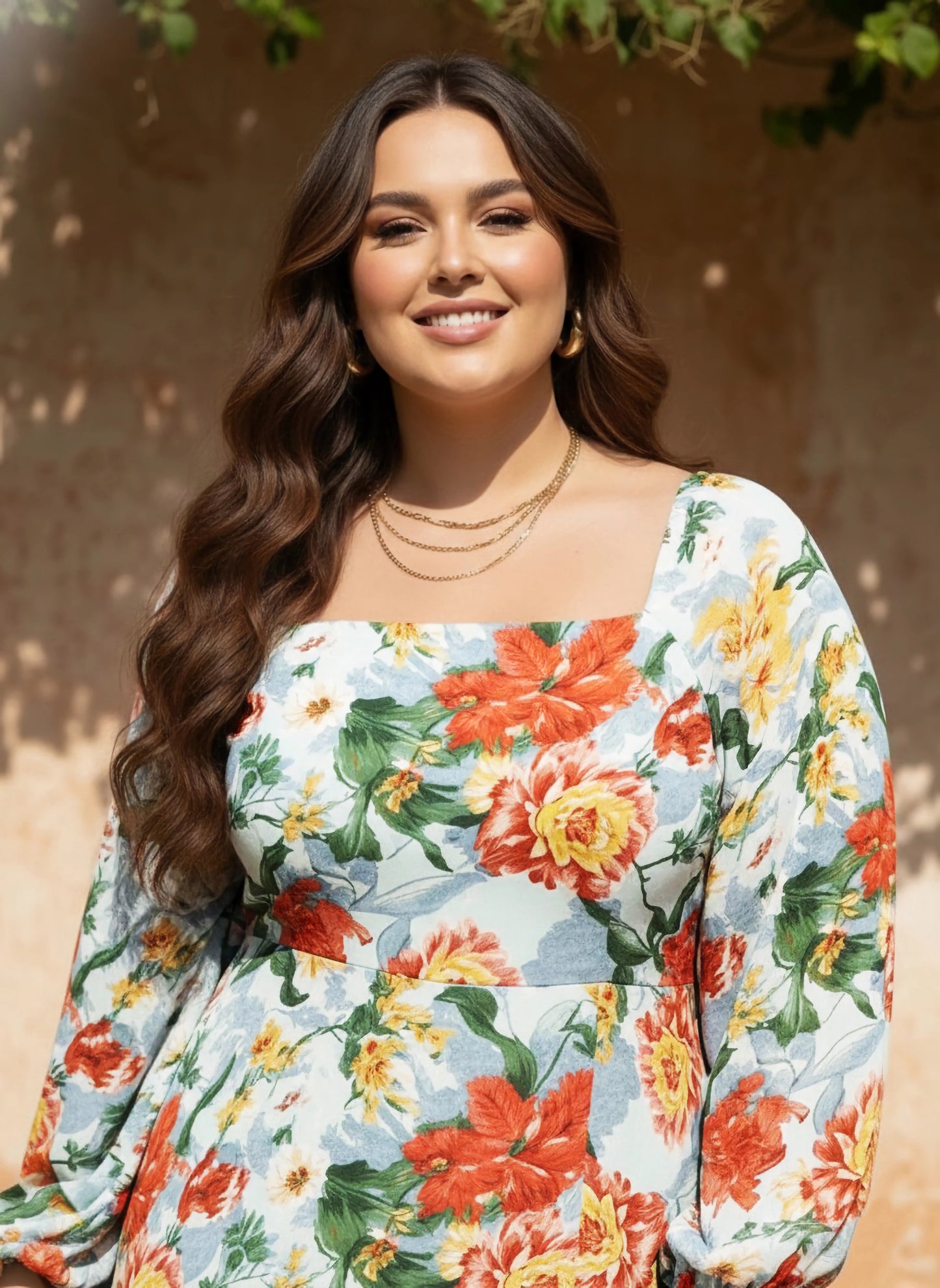 Berrylush Women Plus Size Blue & Orange Floral Printed Square Neck Georgette Thigh-High Slit Flared Maxi Dress