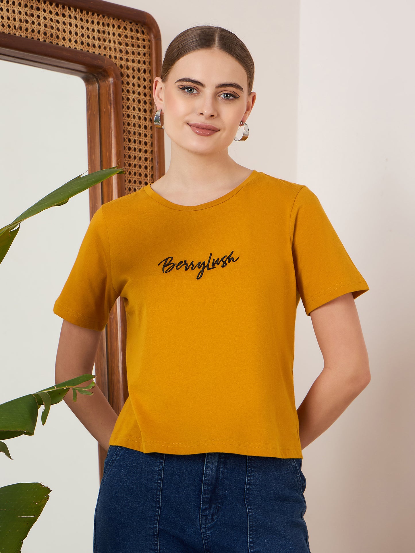 Berrylush Women Solid Mustard Yellow Round Neck Front Brand Logo Short Sleeves Knitted Regular T-Shirt