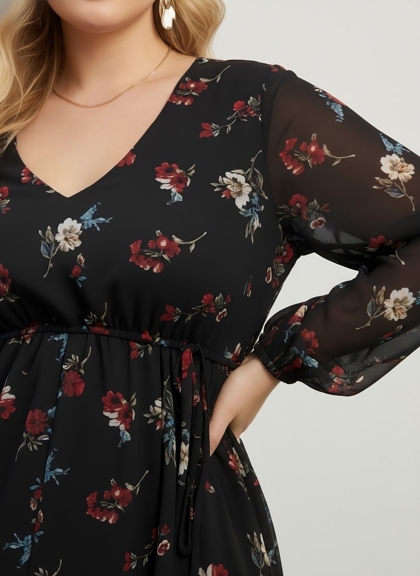 Berrylush Curve Women Black & Red Floral Printed V-Neck Bishop Sleeves Waist Tie-Up Pleated Maxi Dress