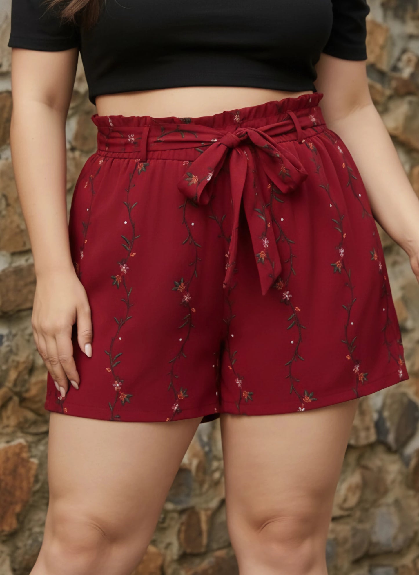 Berrylush Women Plus Size Maroon Floral Printed Front Tie-Up High-Rise Paperbag Waist Crepe Pleated Mini Shorts
