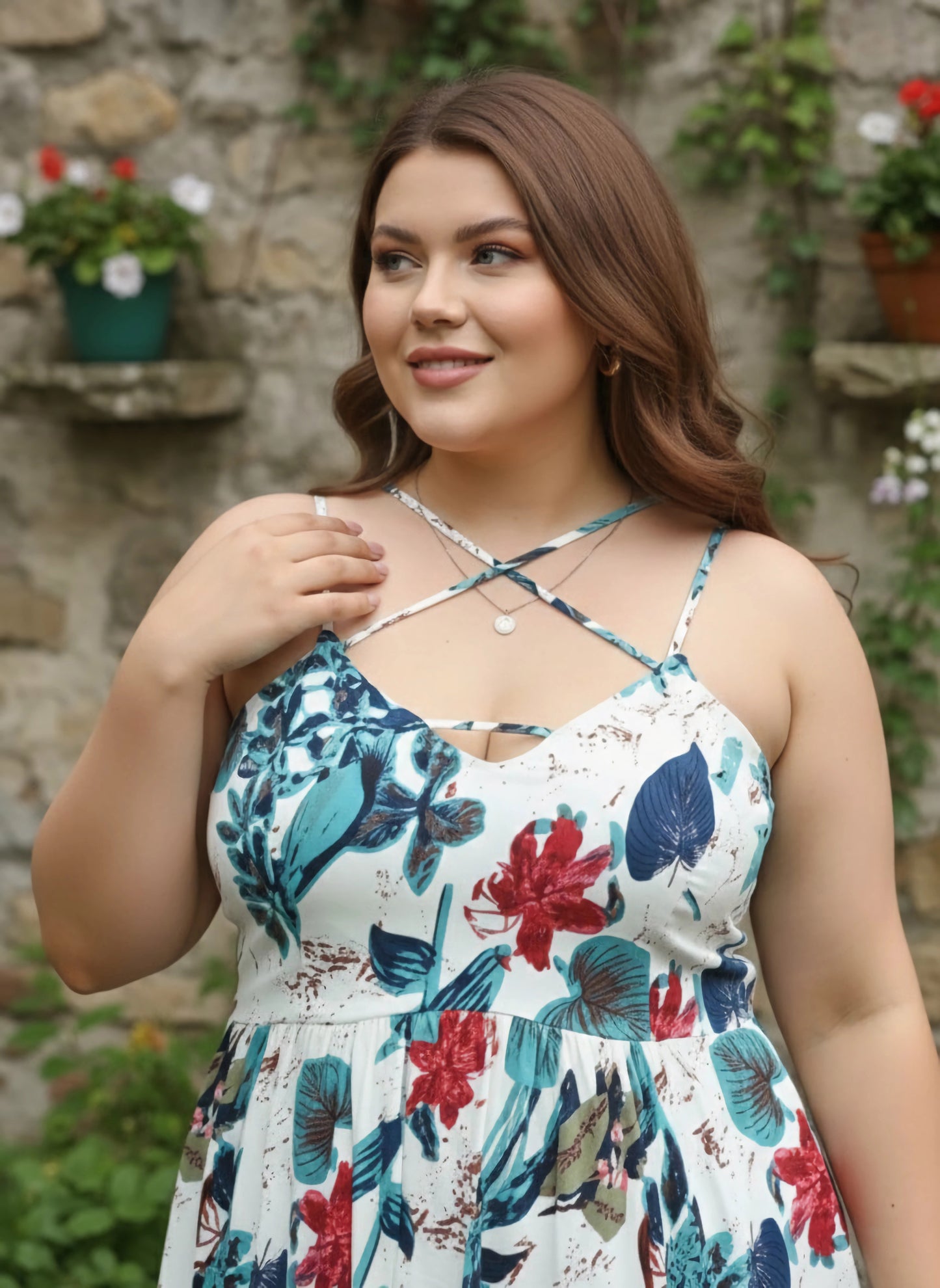 Plus Size White & Blue Tropical Printed V-Neck Sleeveless Pleated Fit & Flare Mini Dress