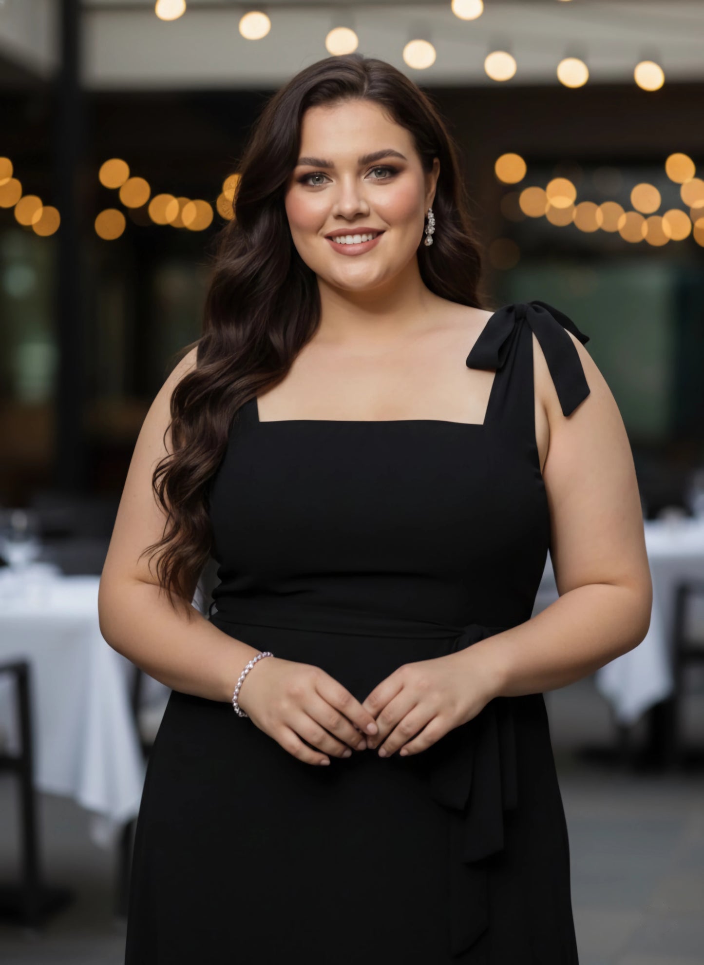 Berrylush Women Plus Size Solid Black Square Neck Waist Tie-Up Georgette Thigh-High Slit Flared A-Line Maxi Dress