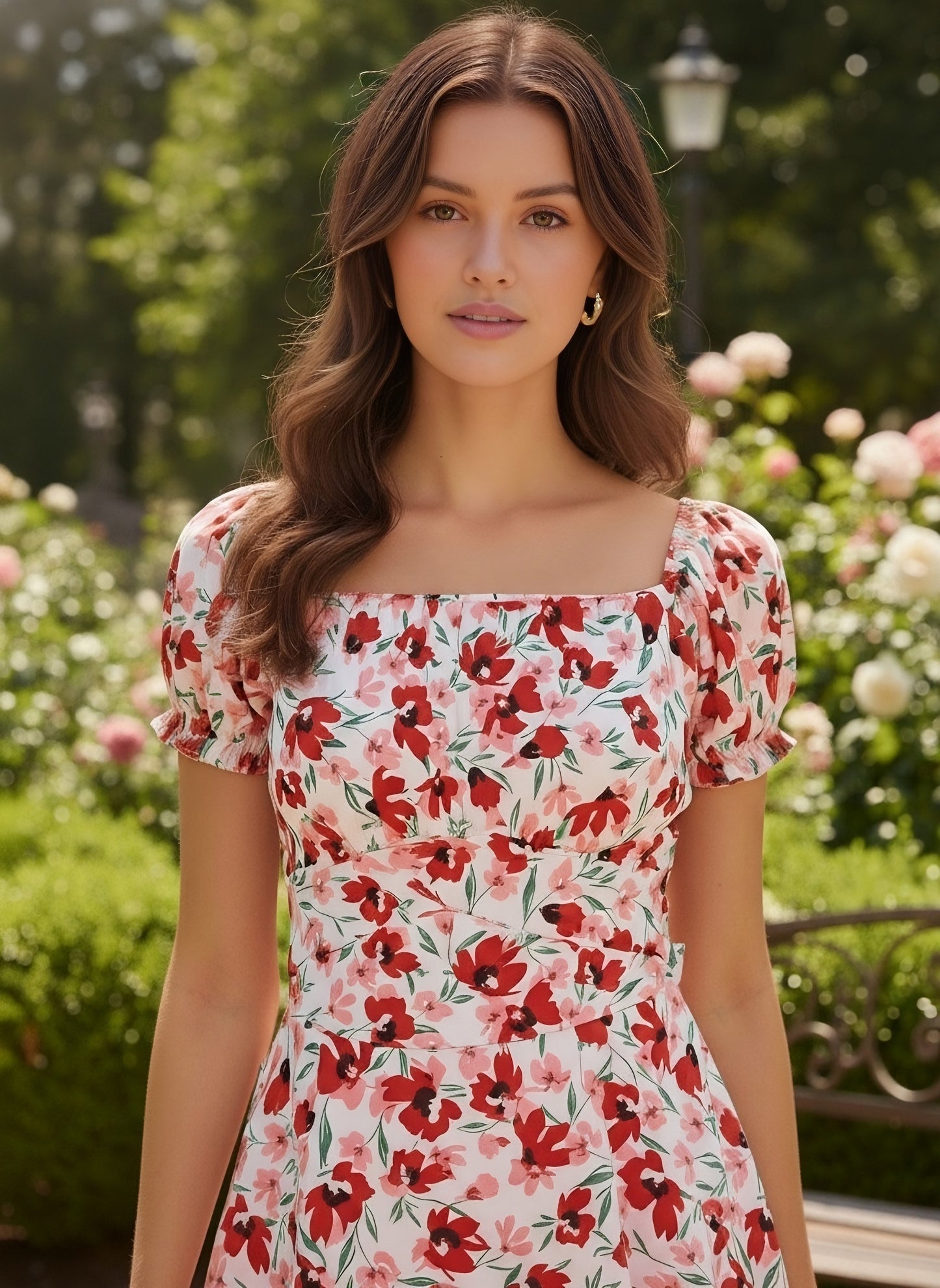 Berrylush Women White & Red Floral Printed Square Neck Puff Sleeves Back Tie-Up Layered Fit & Flare Mini Dress