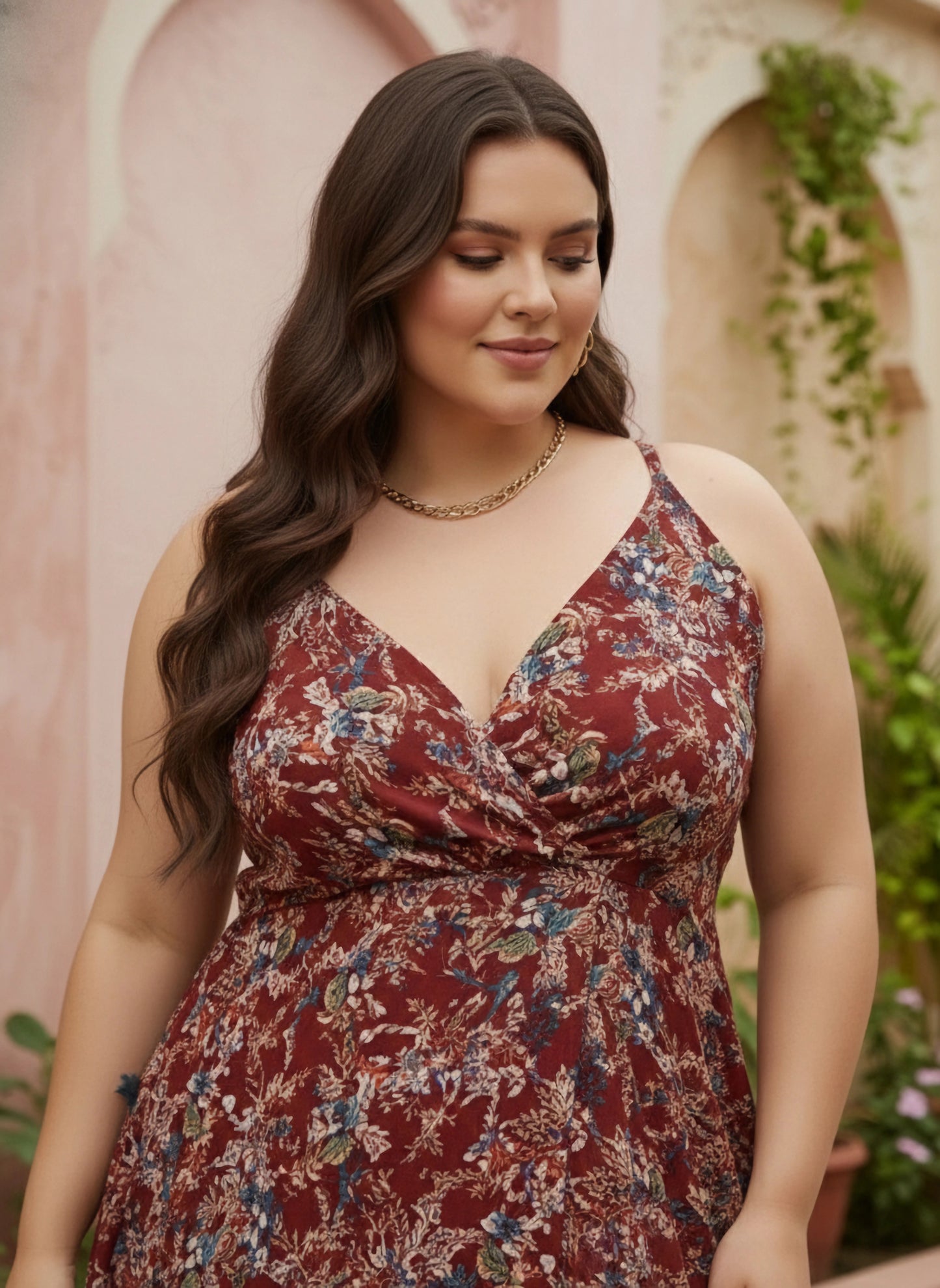 Berrylush Women Plus Size Maroon & White Floral Printed V-Neck Crepe Thigh-High Slit Flared Maxi Dress