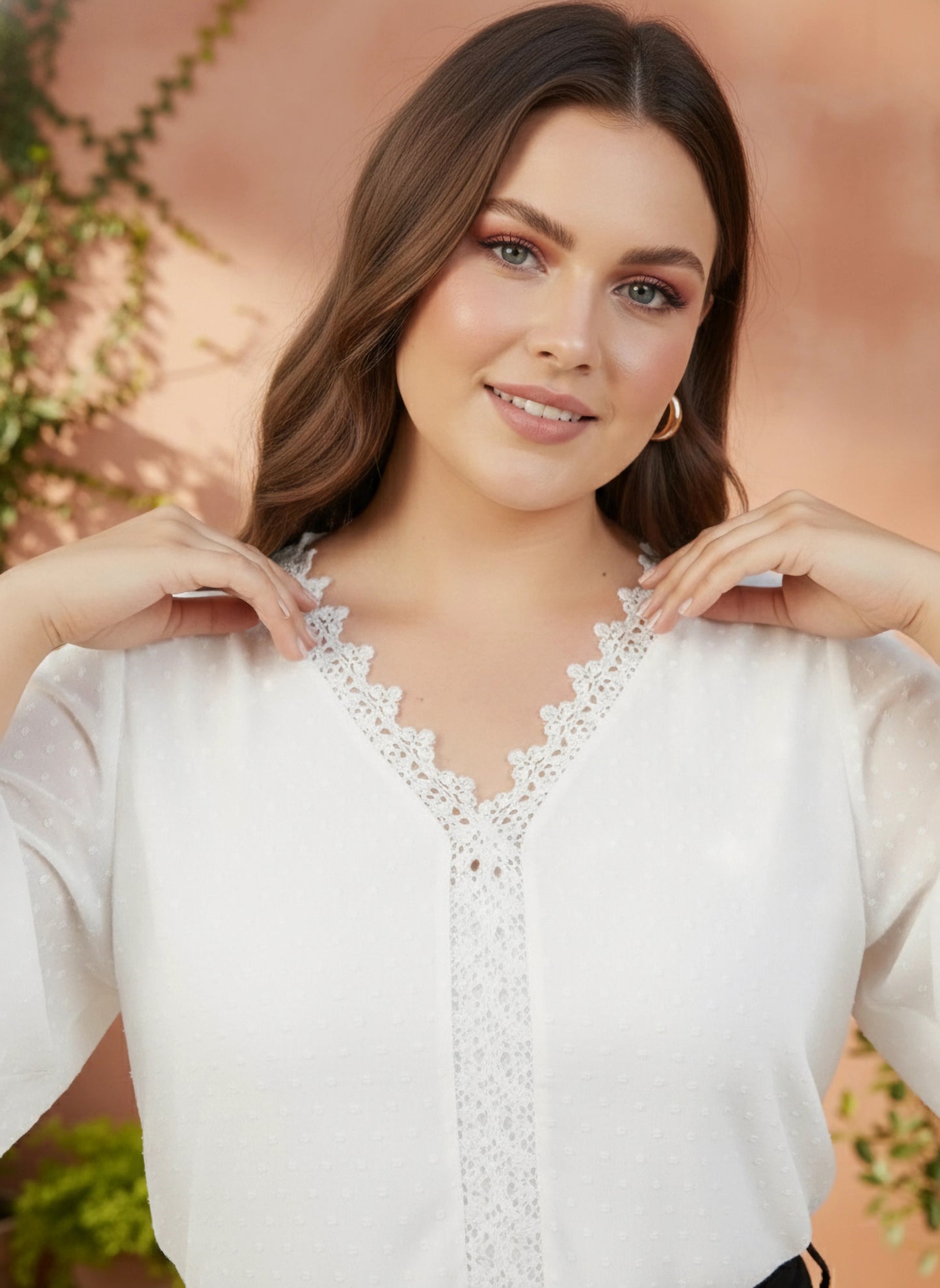 Plus Size Solid White Dobby Weave V-Neck Flutter Sleeves Georgette Lace-Up Regular Top