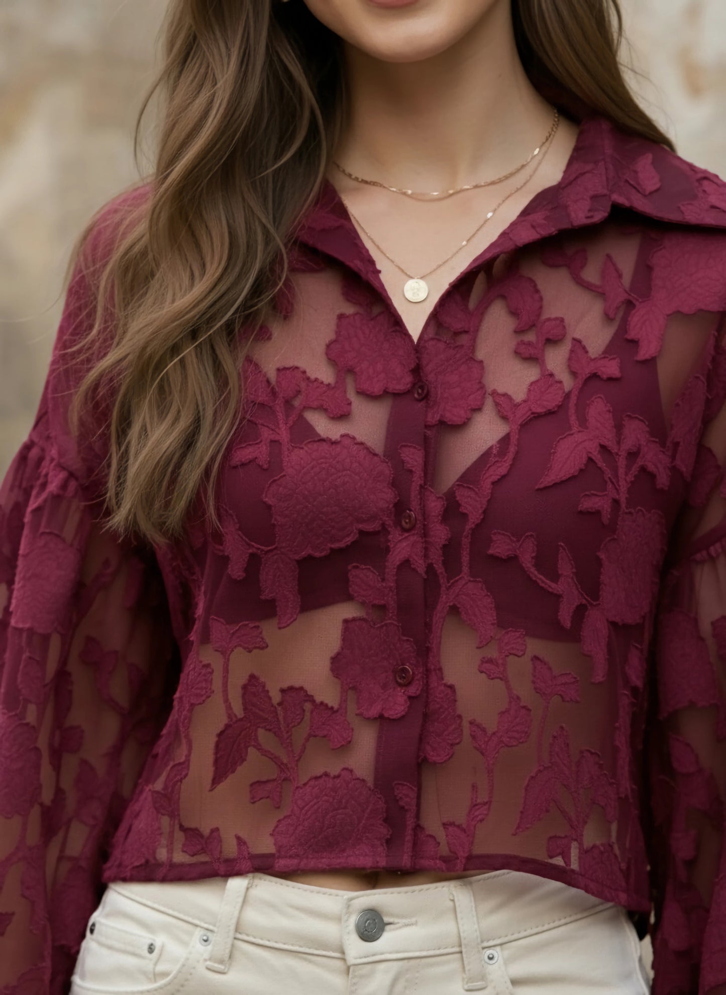 Berrylush Women Maroon Floral Printed Spread Collar Neck Bishop Sleeves Button-Up Regular Top