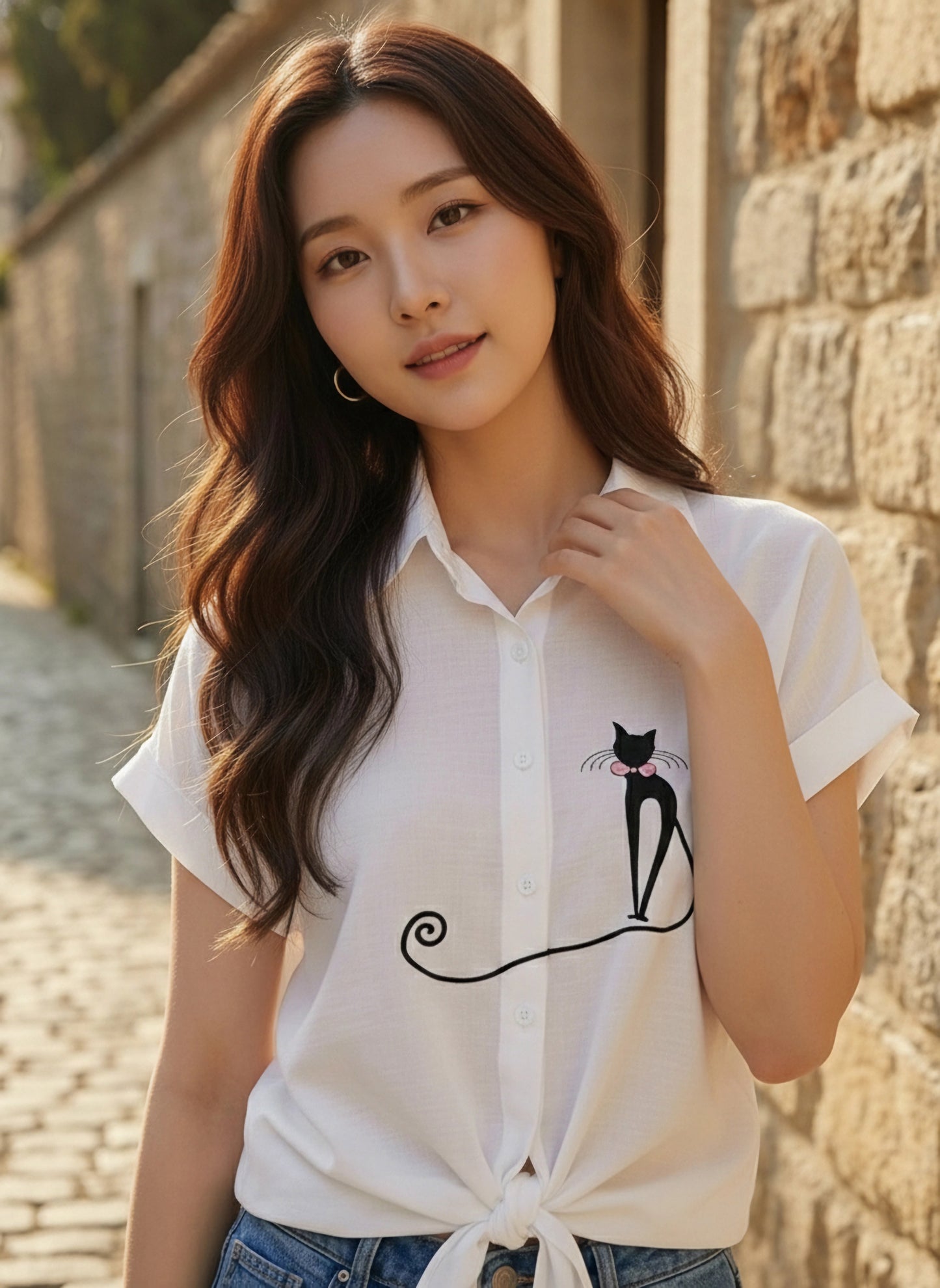 Berrylush Women Solid White Spread Collar Neck Cat Embroidered Waist Tie-Up Regular Shirt