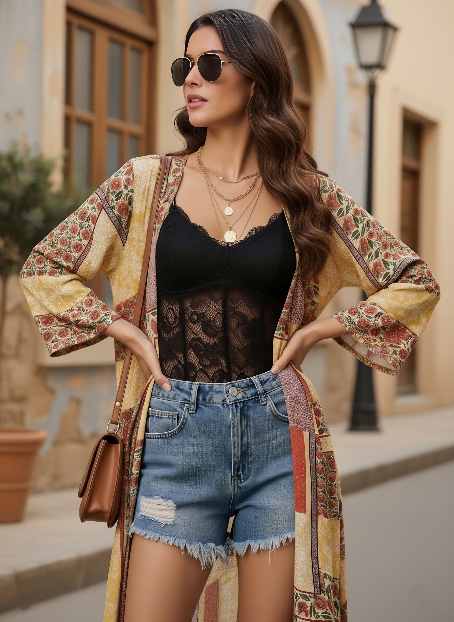 Berrylush Women Red & Yellow Floral Printed V-Neck Open-Front Straight Hem Longline Shrug