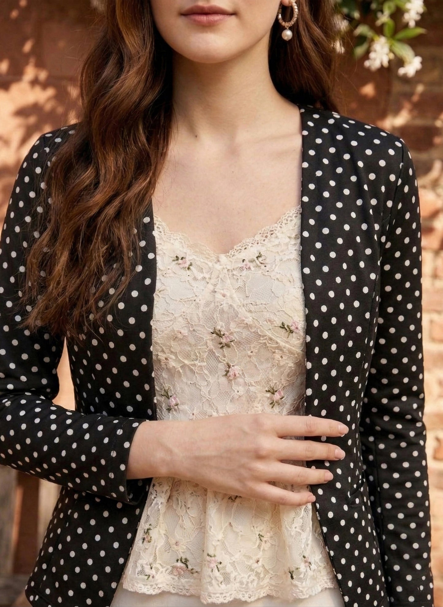 Berrylush Women Black & White Polka Dot Printed Collarless Open Front Straight Jacket