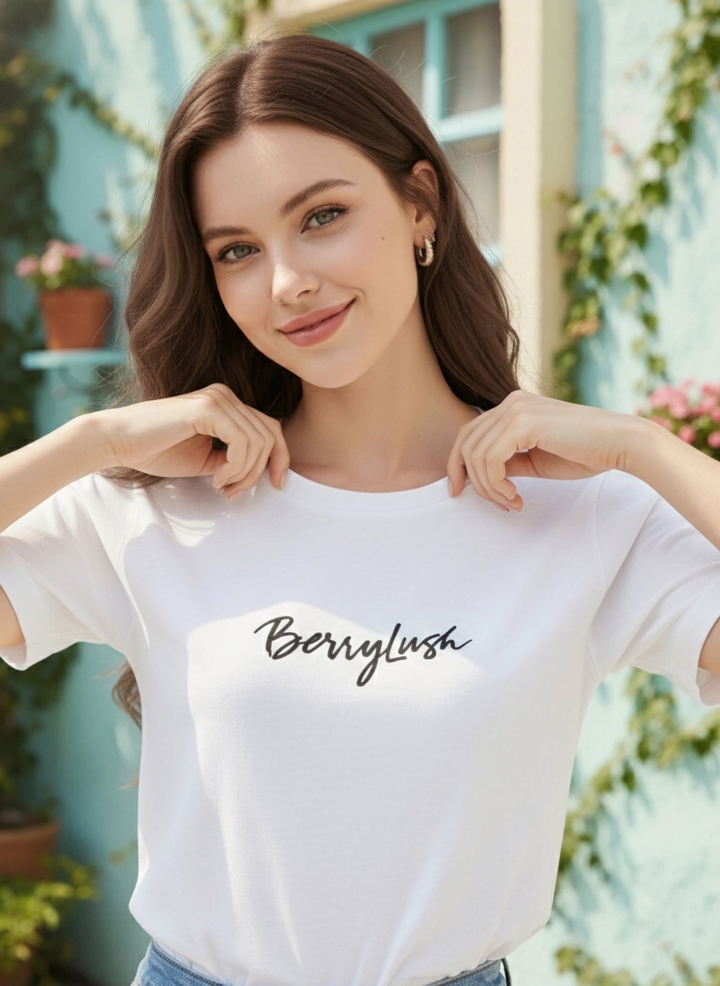 Solid White Round Neck Front Brand Logo Short Sleeves Knitted Regular T-Shirt
