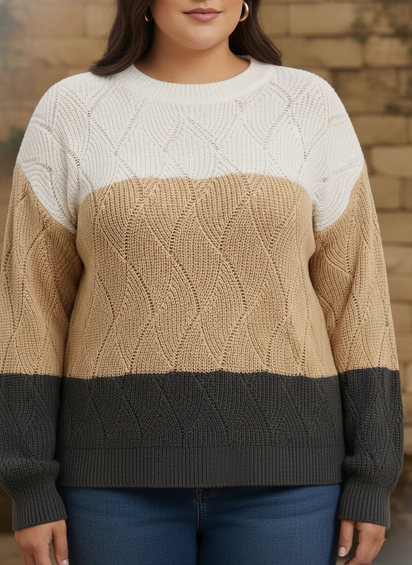 Berrylush Curve Women White, Beige, & Black Colourblocked Pattern Boat Neck Drop-Shoulder Sleeves Ribbed Hem Regular Sweater