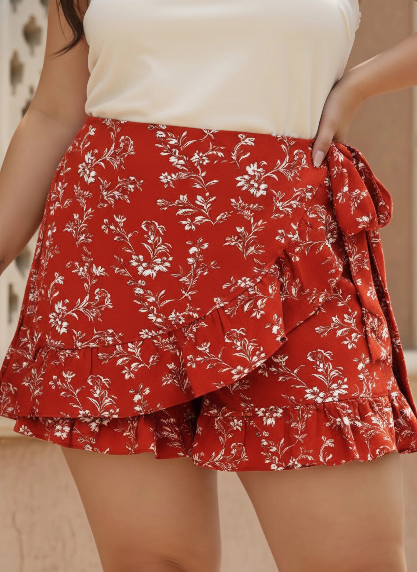 Berrylush Women Plus Size Red & White Floral Printed Tie-Up High-Rise Waist Ruffled Wrap Mini Skorts