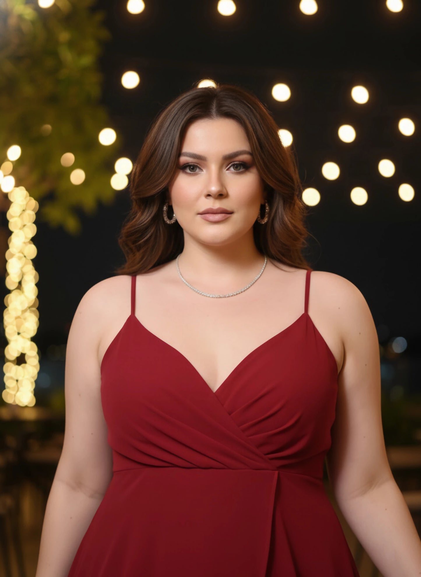 Berrylush Women Plus Size Solid Red V-Neck Sleeveless Crepe Thigh-High Slit Fit & Flare Maxi Dress