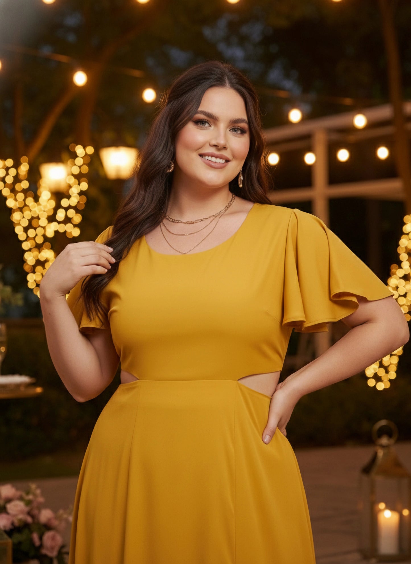 Plus Size Solid Yellow Round Neck Flutter Sleeve Back Cutout Thigh-High Slit Flared Maxi Dress