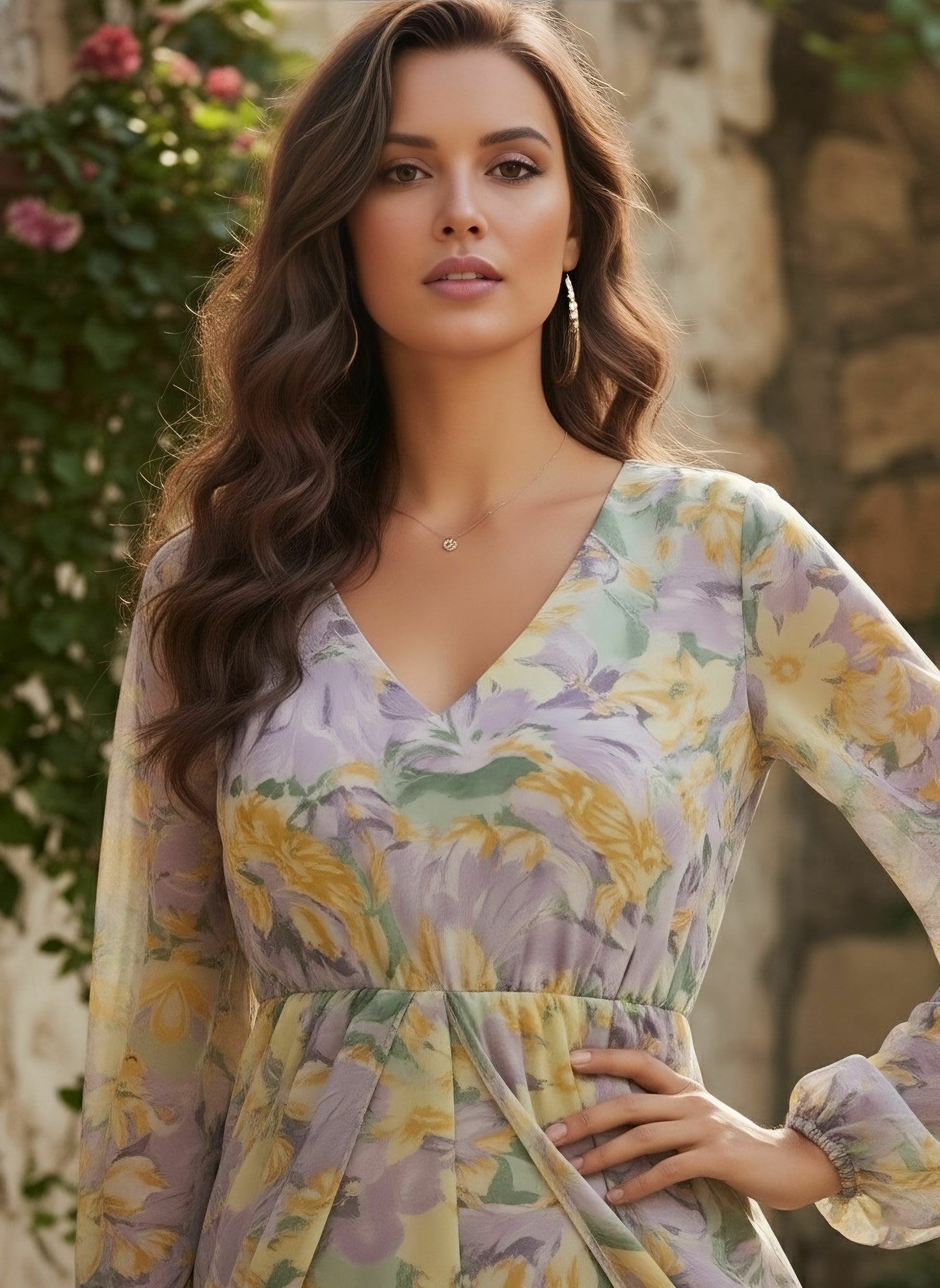 Berrylush Women Purple & Yellow Floral Printed Deep V-Neck Bishop Sleeves Mini Jumpsuit With Front-Slit Pleated Maxi Skirt