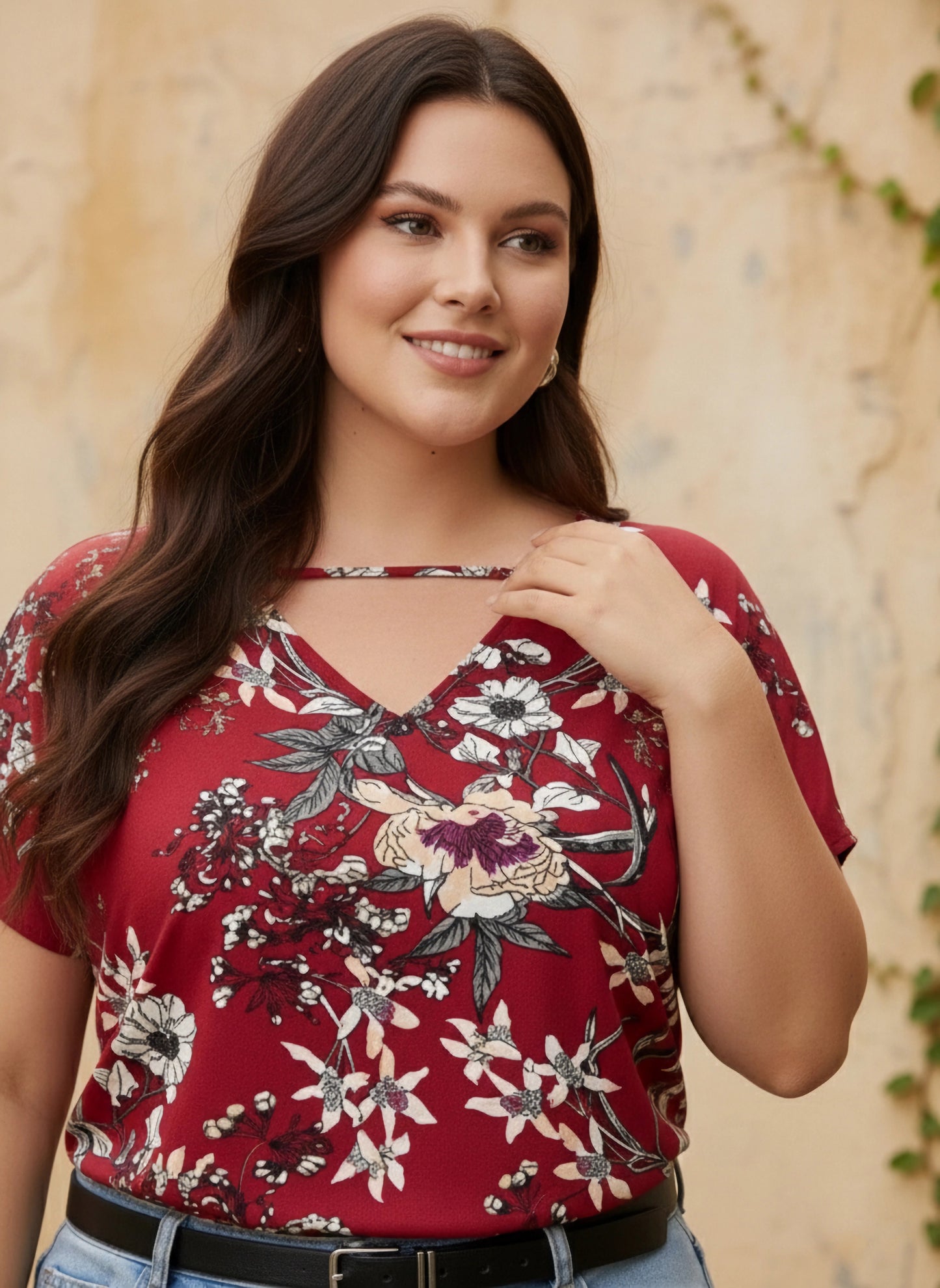Curve Red & White Floral Printed V-Neck Woven Front Single-Strip Crepe Regular Top