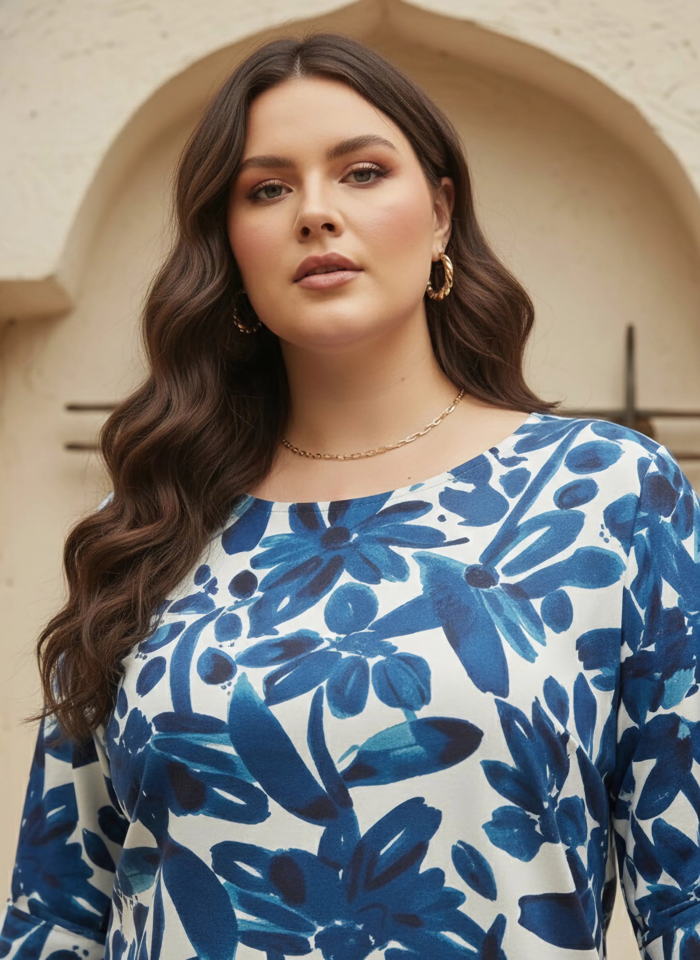 Berrylush Women Plus Size White & Navy Blue Floral Printed Round Neck Woven Cotton Regular Top