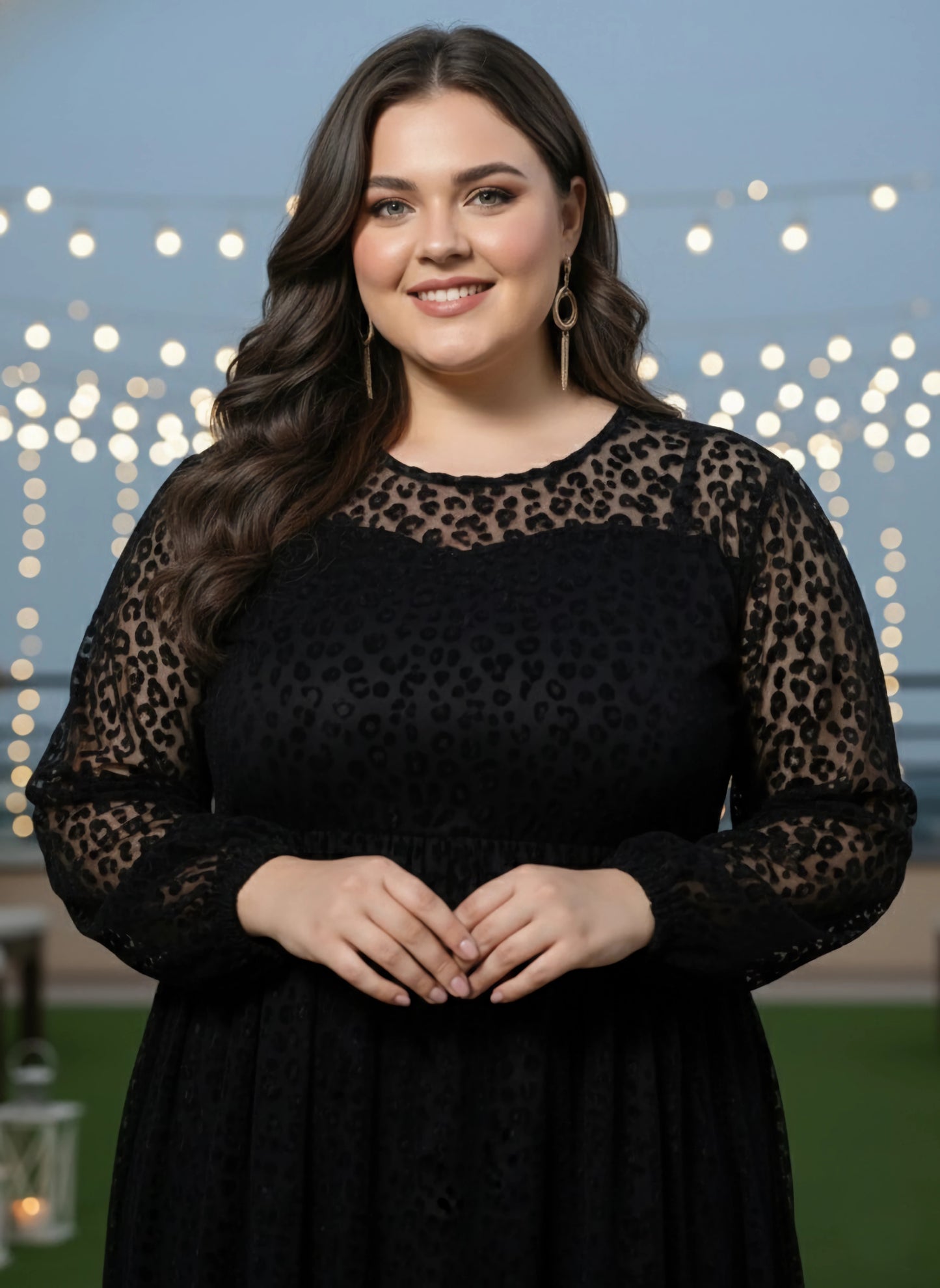Plus Size Black Animal Printed Round Neck Semi-Sheer Velvet Flared A-Line Maxi Dress