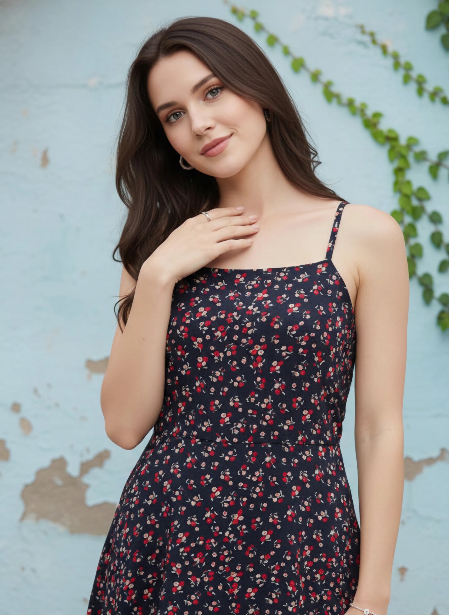 Berrylush Women Navy Blue & Red Floral Printed Square Neck Flared Fit & Flare Mini Dress