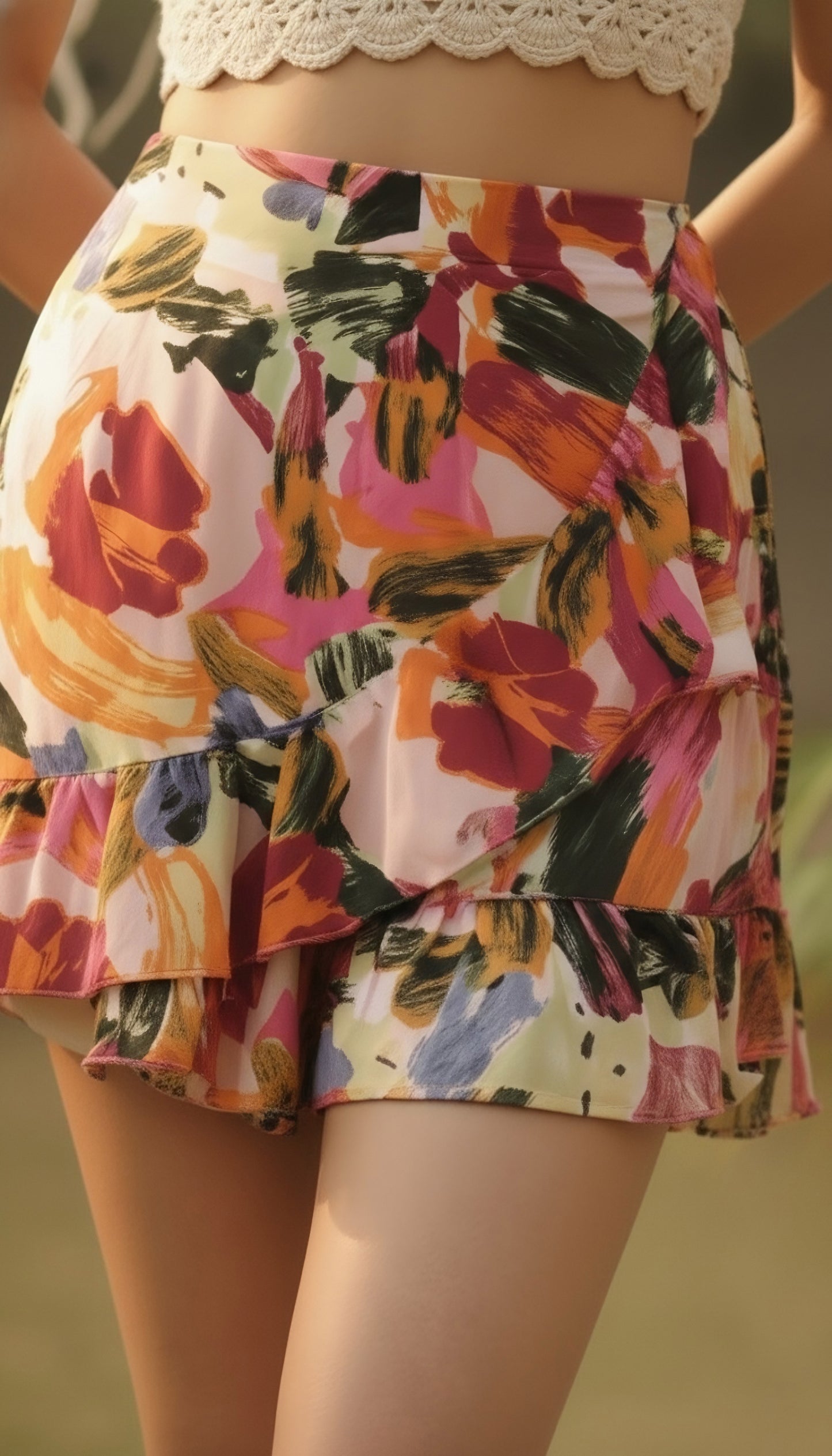 Berrylush Women Pink & Yellow Abstract Printed Loose Fit Tie-Up High-Rise Waist Ruffled Shorts