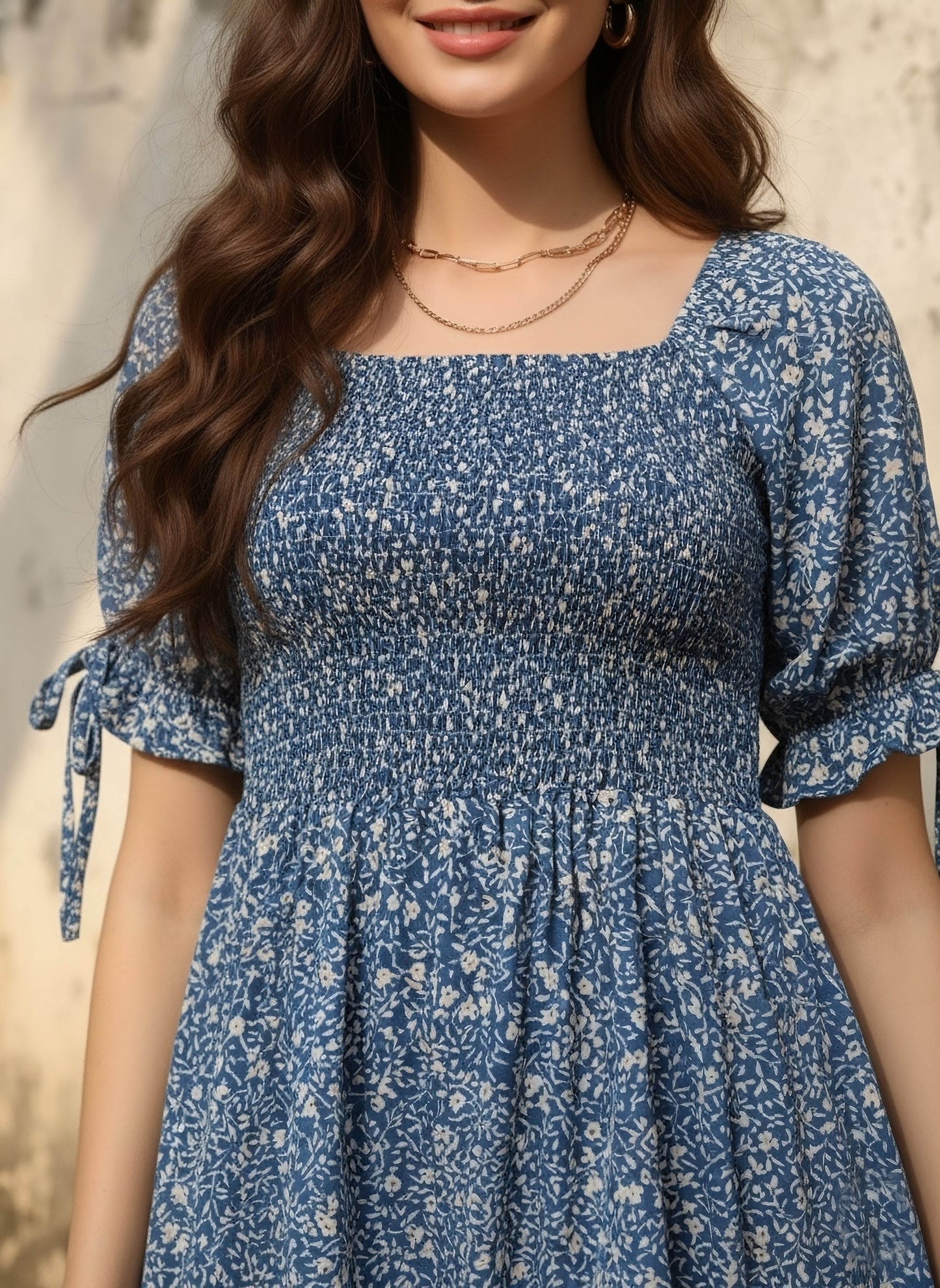 Berrylush Women Blue & White Floral Printed Square Neck Smocked Back Crepe A-Line Mini Dress
