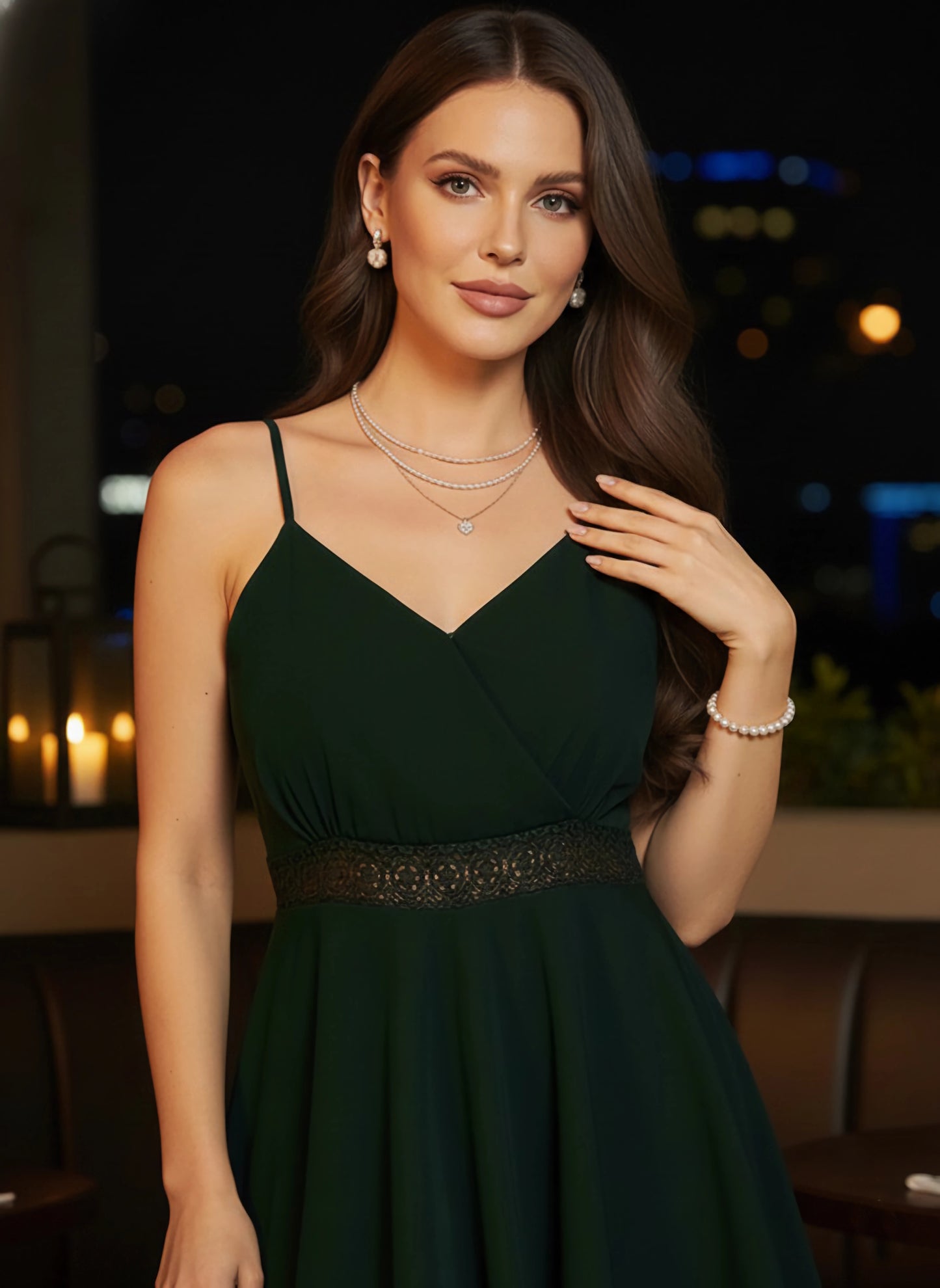 Solid Green V-Neck Sleeveless Waist Lace Inserts Zipper-Up Layered Mini Jumpsuit