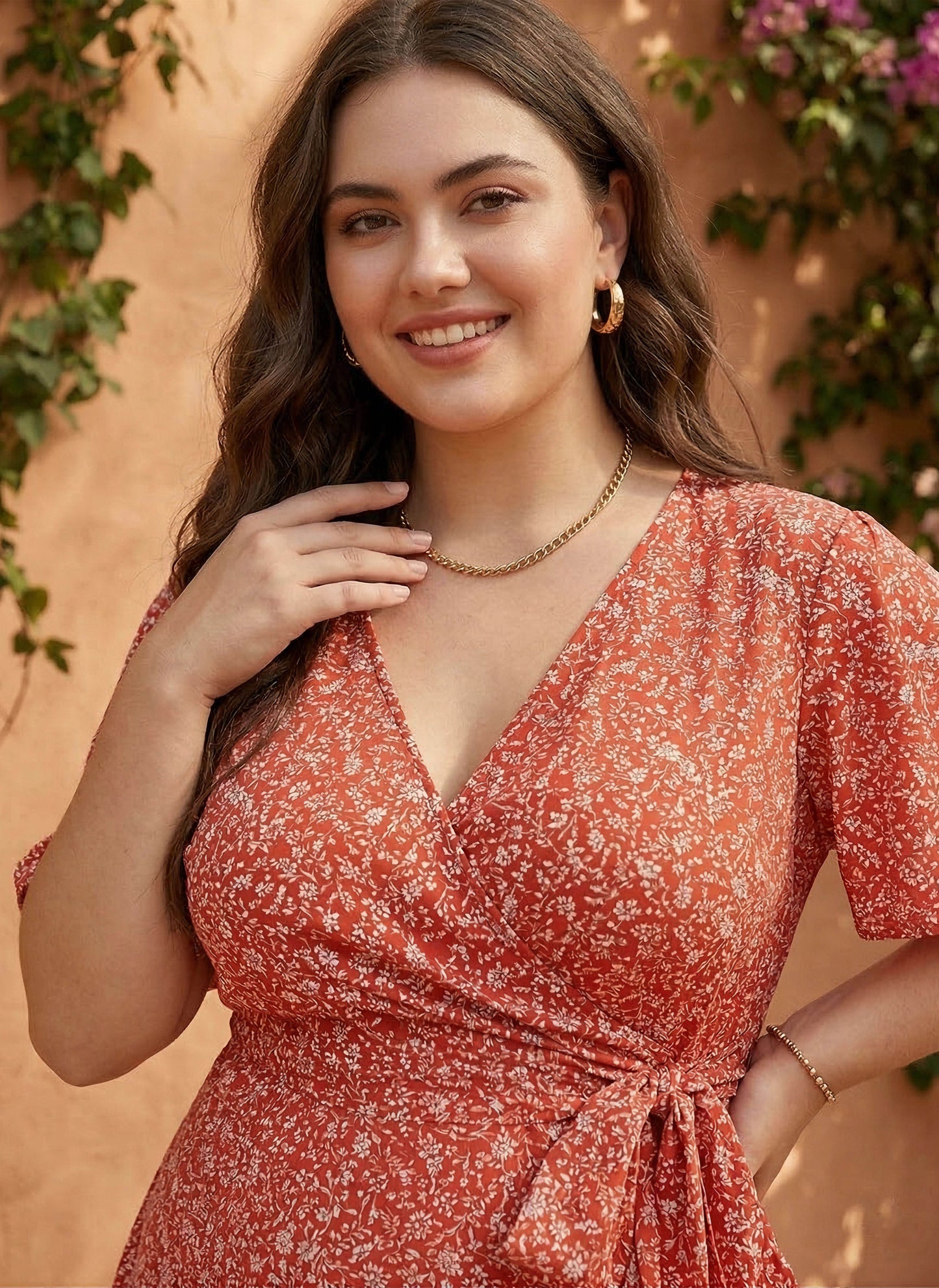 Berrylush Women Plus Size Coral Orange & White Floral Printed V-Neck Waist Tie-Up Crepe Flounce Hem Wrap Maxi Dress
