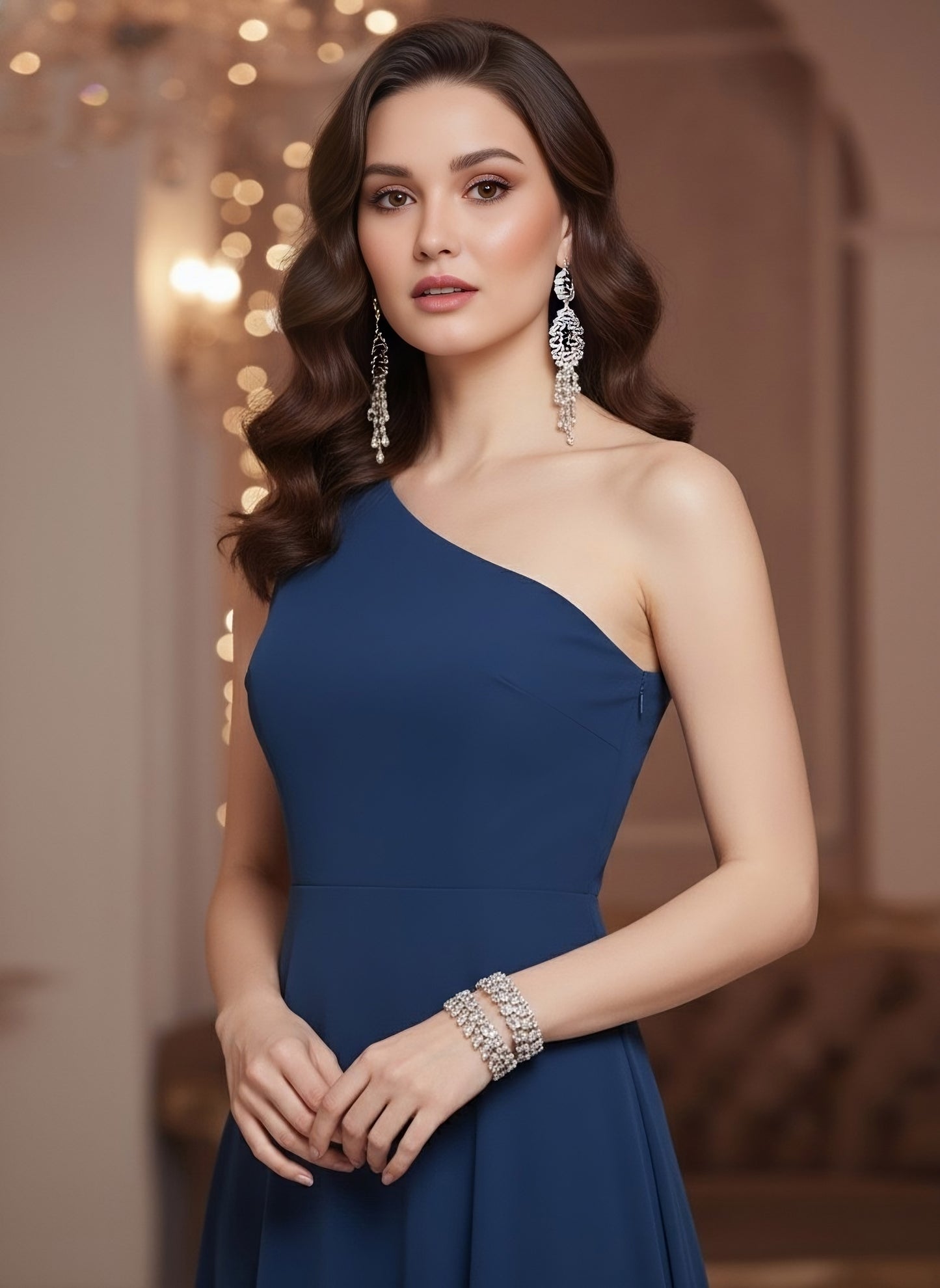 Berrylush Women Solid Blue One-Shoulder Neck Thigh-High Slit Flared Maxi Dress