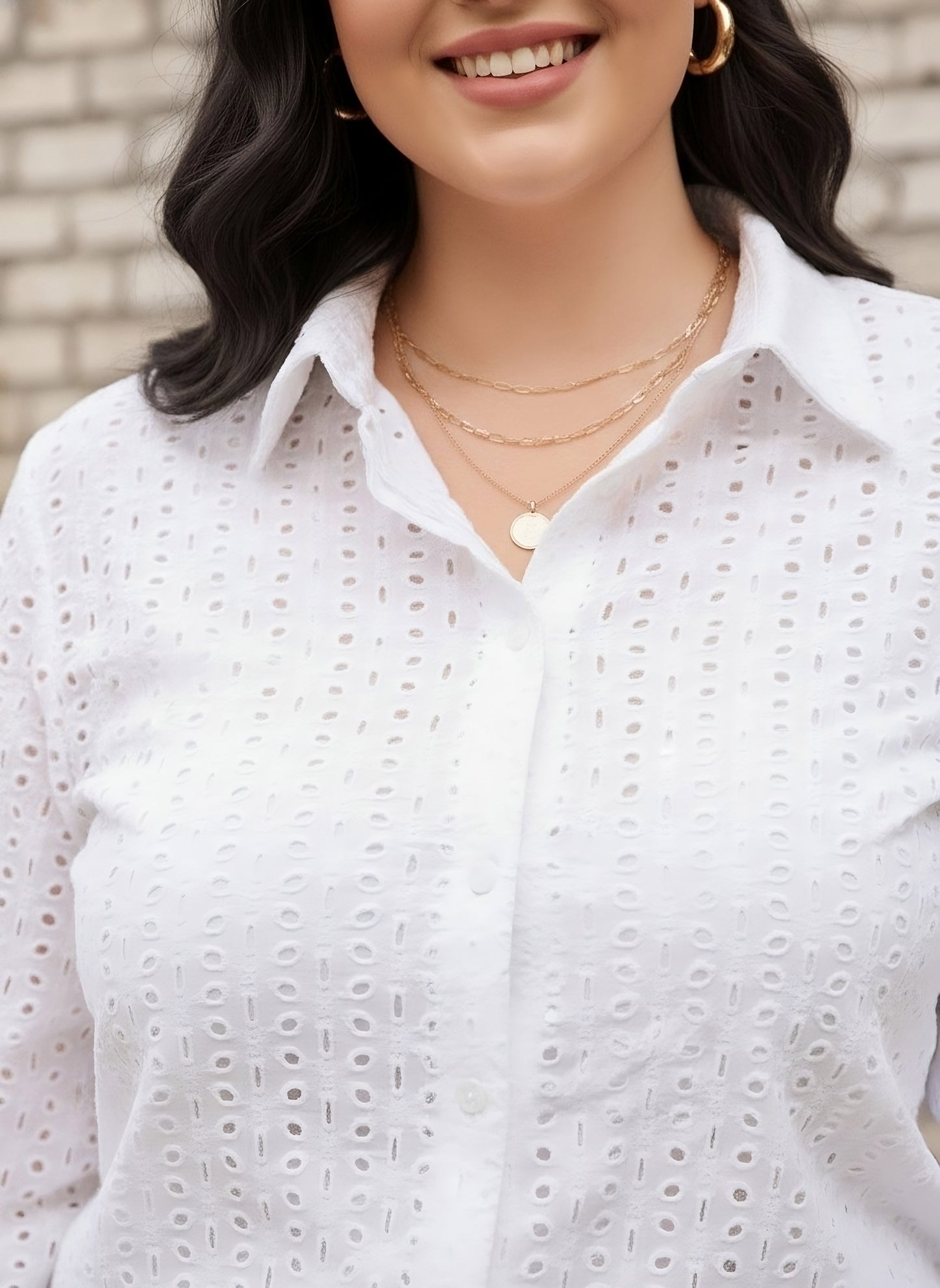 Berrylush Curve Women Solid White Spread Collar Neck Long Sleeves Schiffli Front Button-Up Straight Hem Regular Shirt