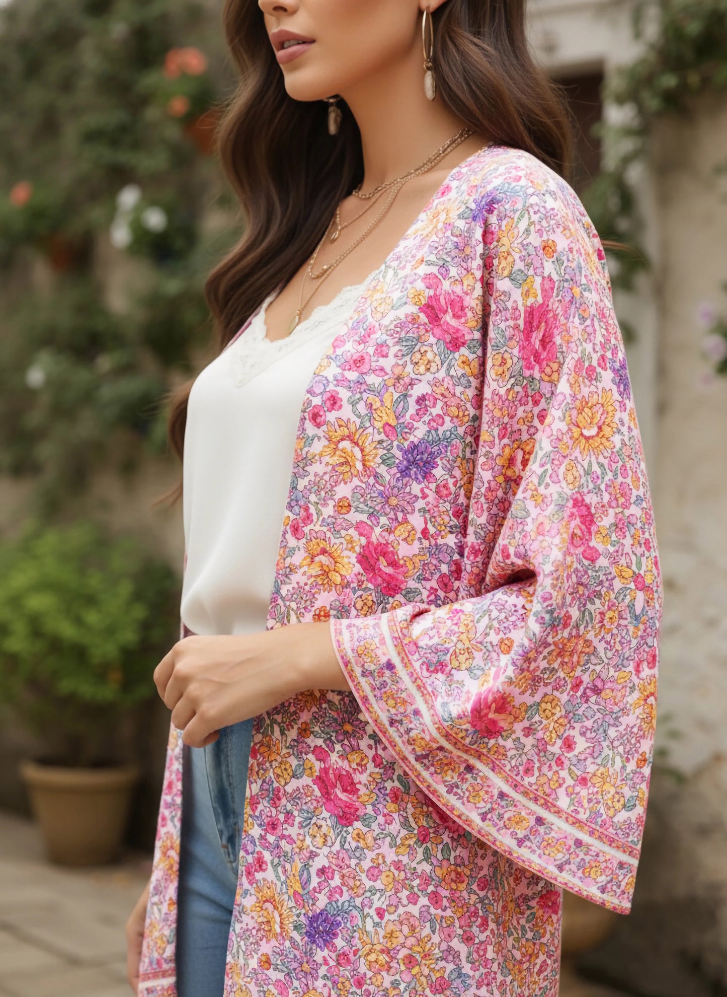 Berrylush Women Pink & White Floral Printed Open-Front Straight Hem Regular Shrug