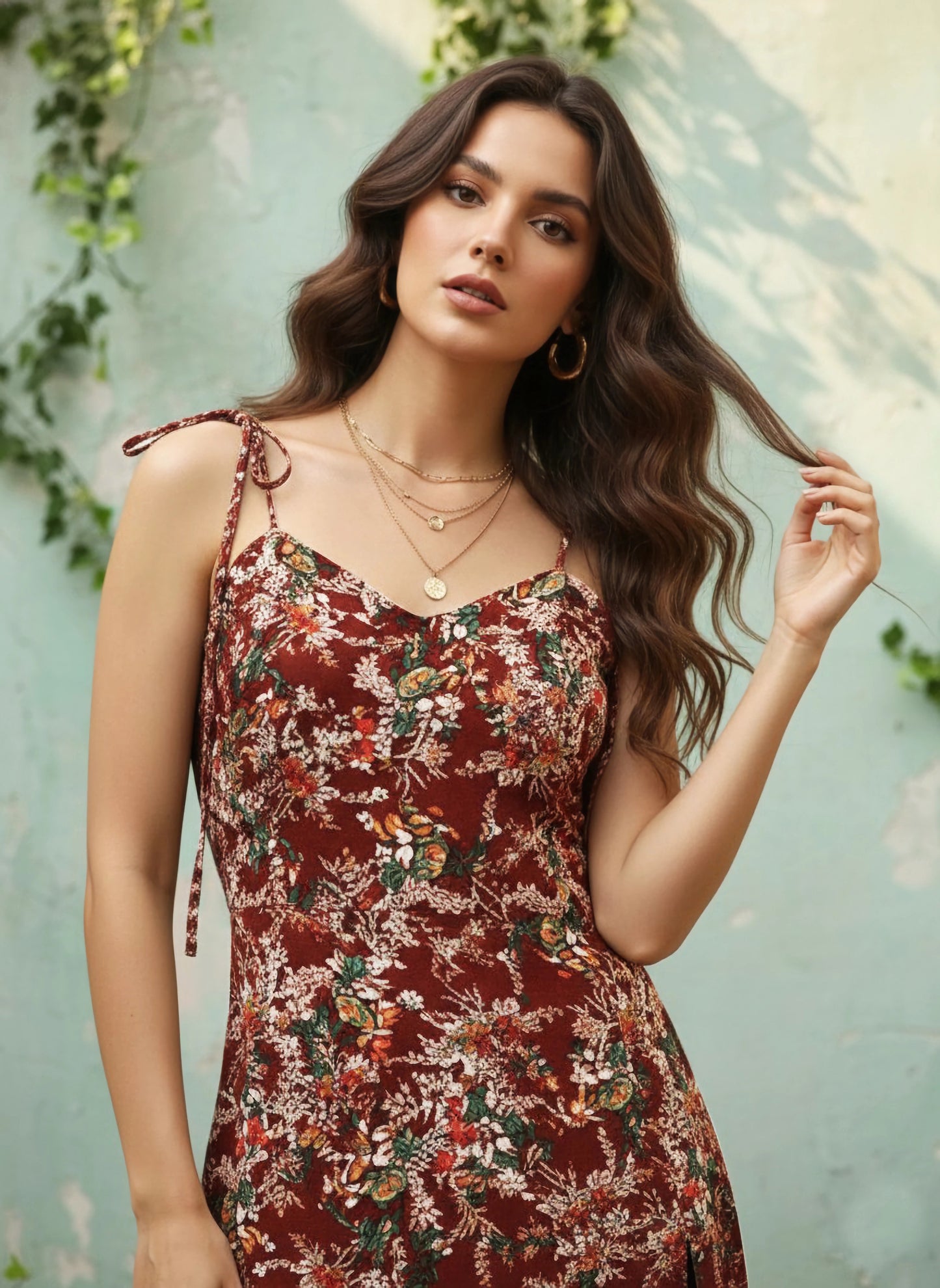 Berrylush Women Maroon Floral Printed Sweetheart Neck Tie-Up Strap Fit & Flare Midi Dress