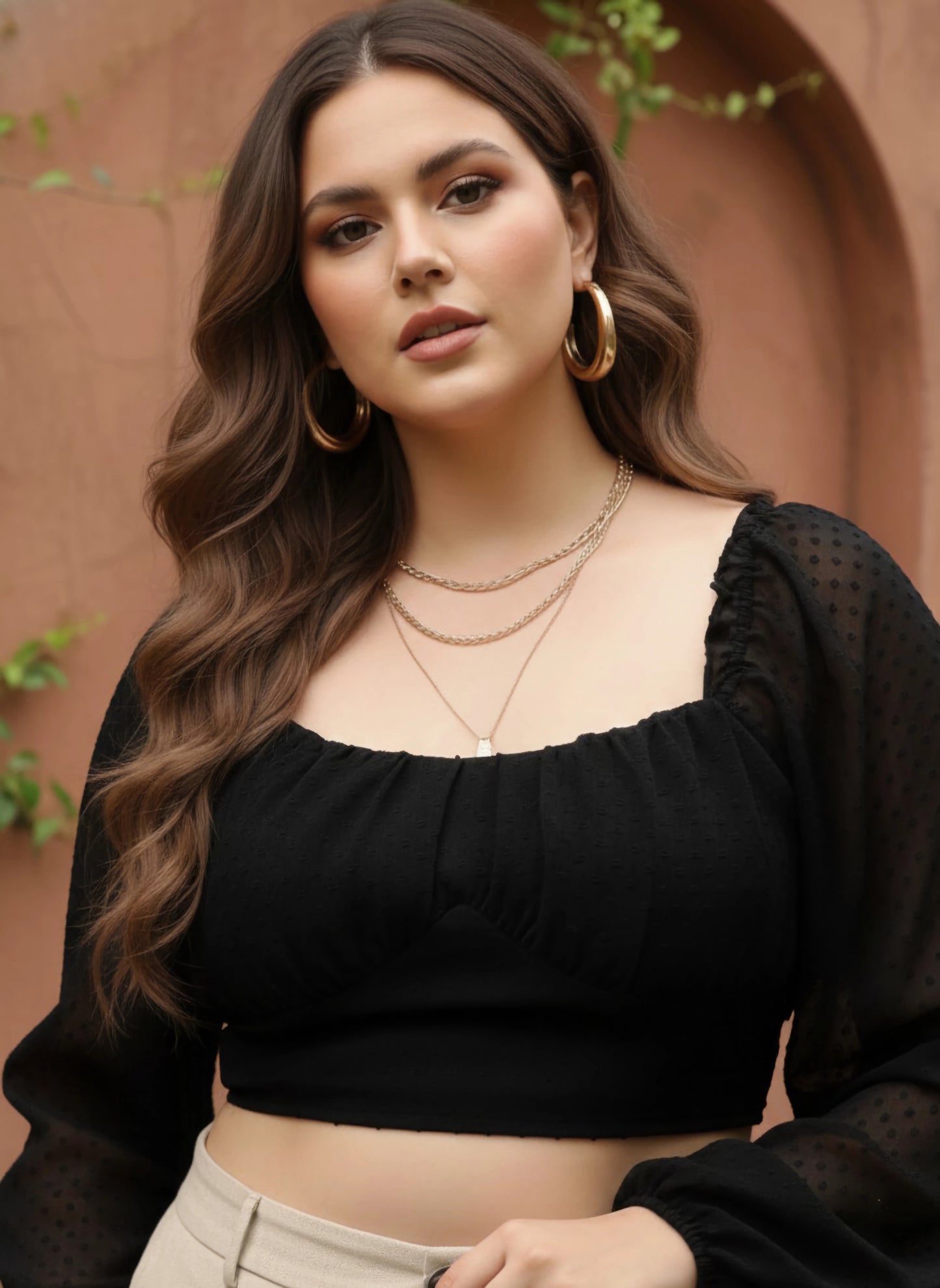 Berrylush Women Plus Size Solid Black Dobby Weave Sweetheart Neck Puff Sleeve Georgette Smocked Crop Top