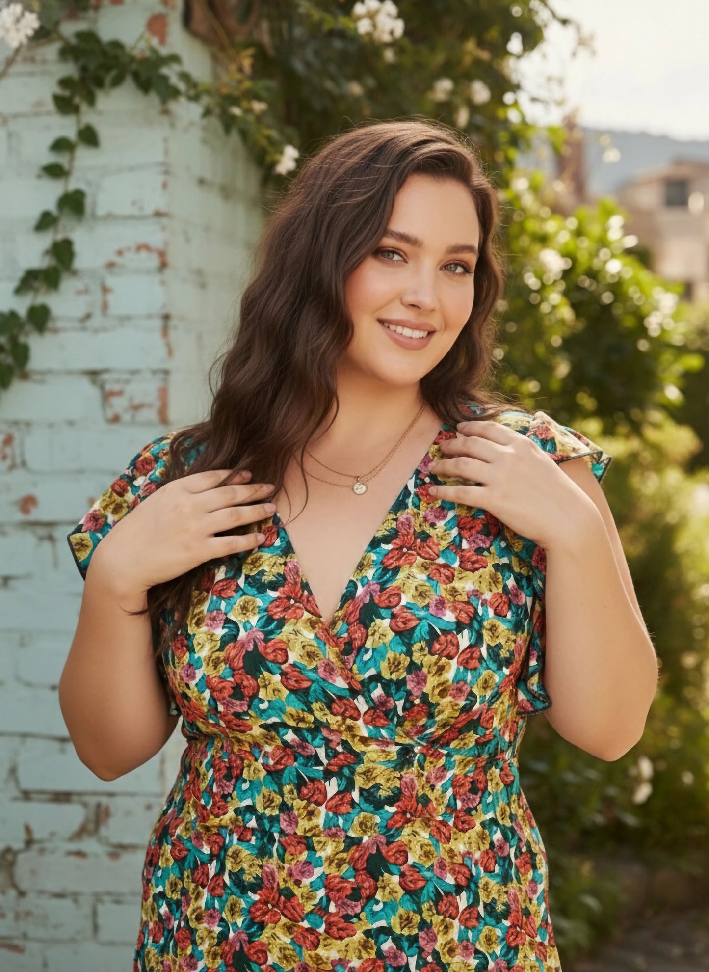 Plus Size Red, Yellow, & Green Floral Printed V-Neck Tie-Up Backless Ruffled A-Line Mini Dress