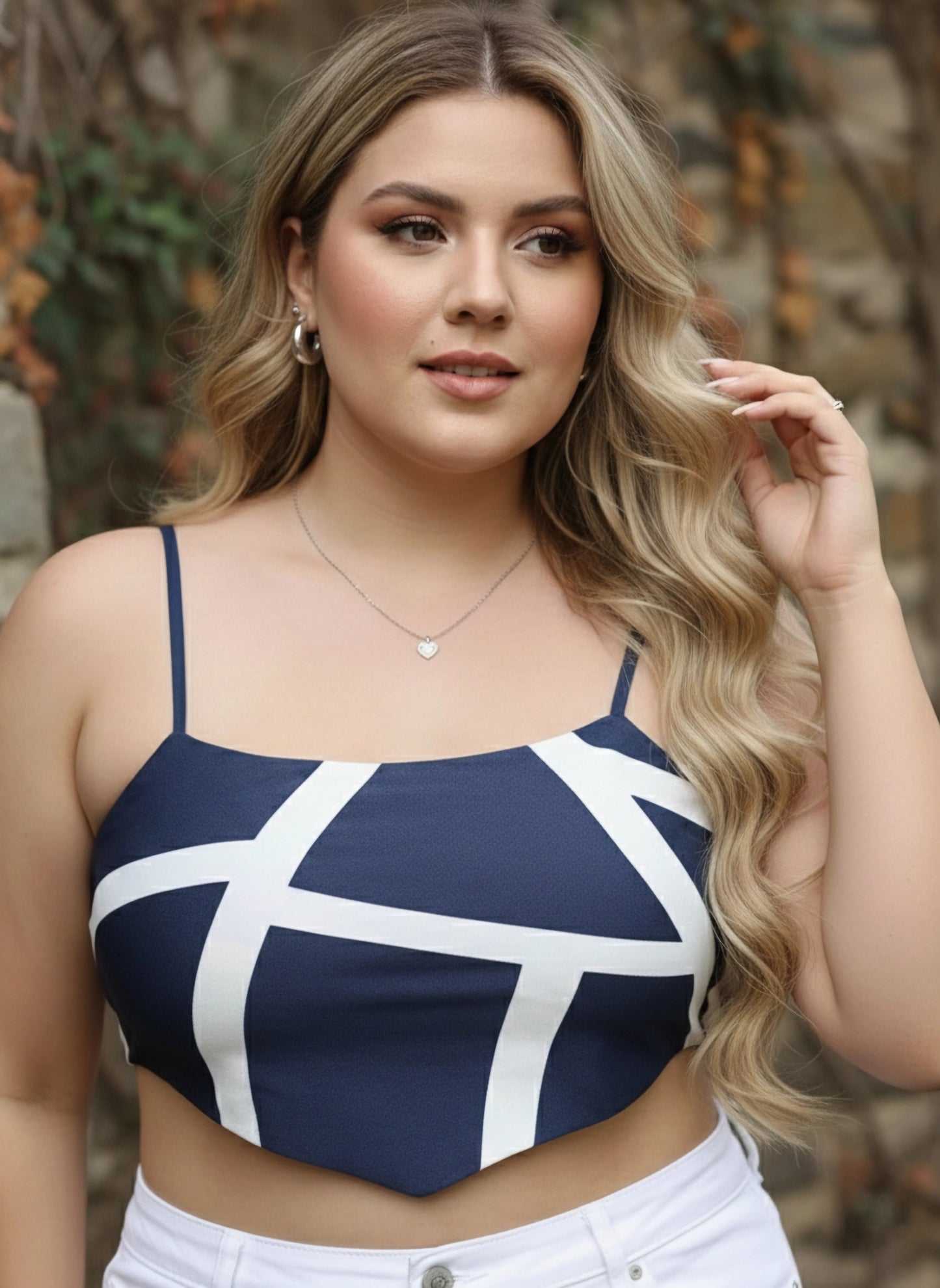 Plus Size Navy Blue & White Geometric Printed Square Neck Sleeveless Crepe Cropped Top
