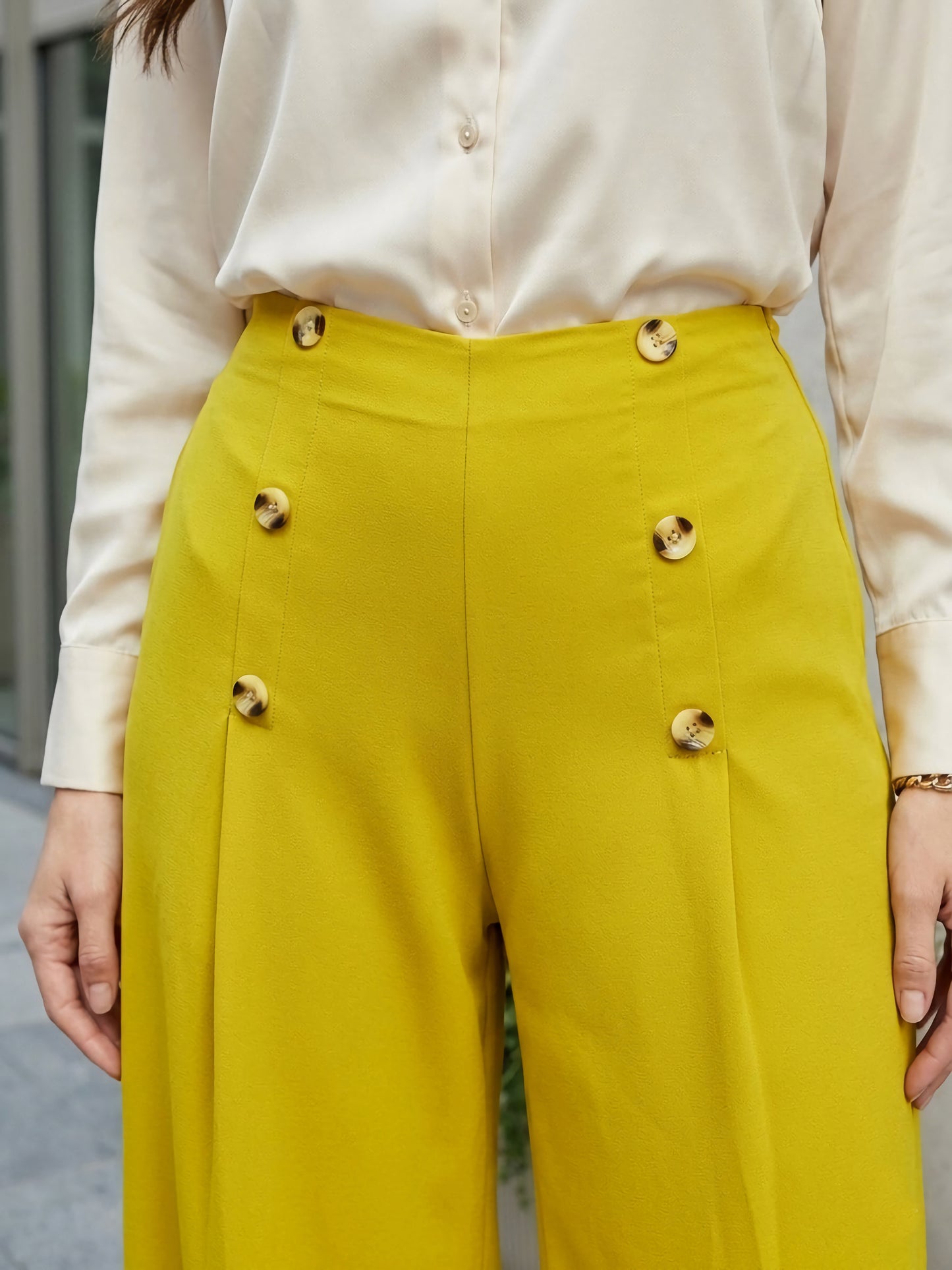 BIZwear Solid Yellow High-Rise Waist Button Detail Wide Leg Pleated Regular Pants
