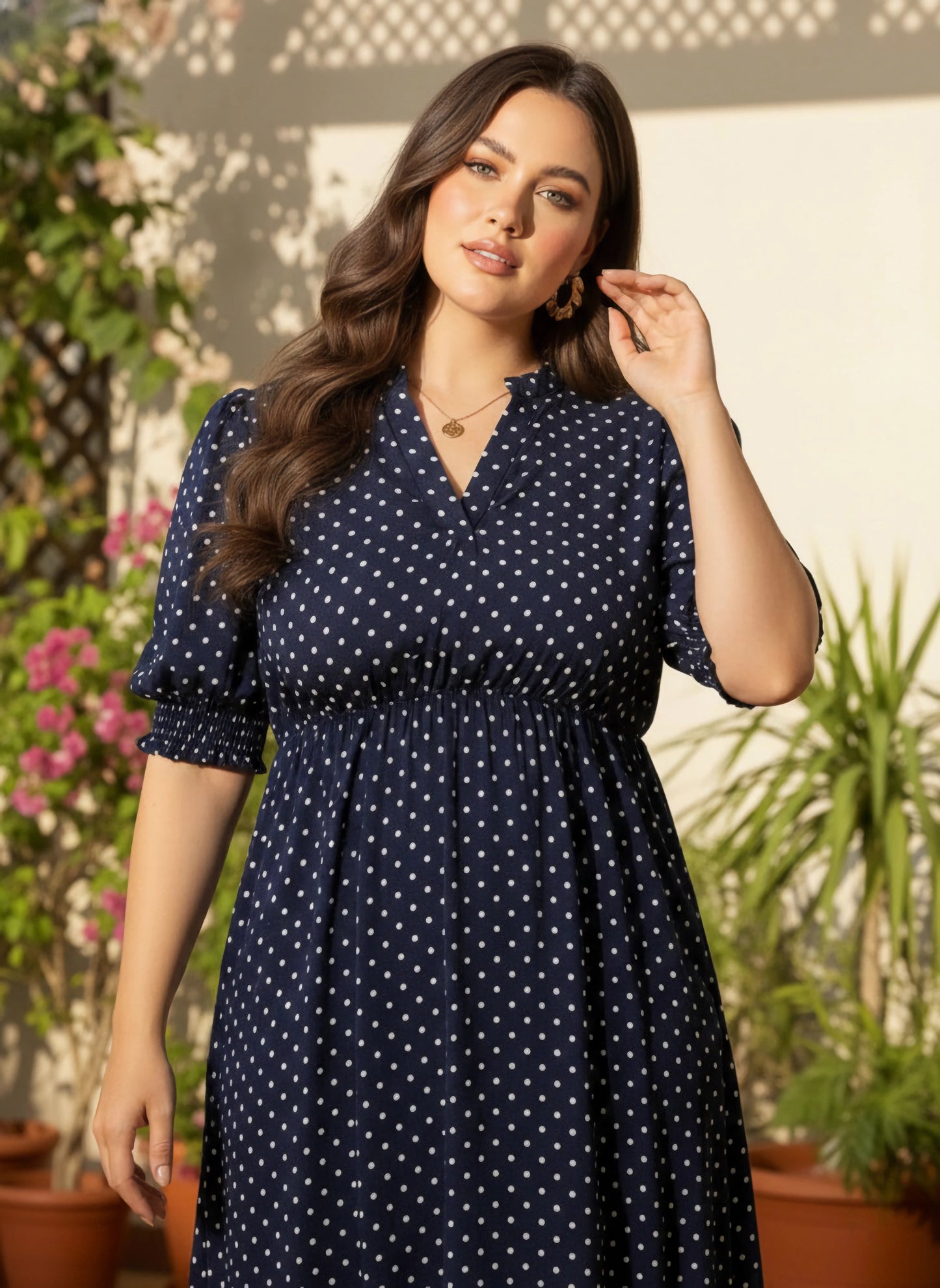Curve Navy Blue & White Polka Dot Printed Mandarin Collar Neck Crepe Pleated Fit & Flare Midi Dress