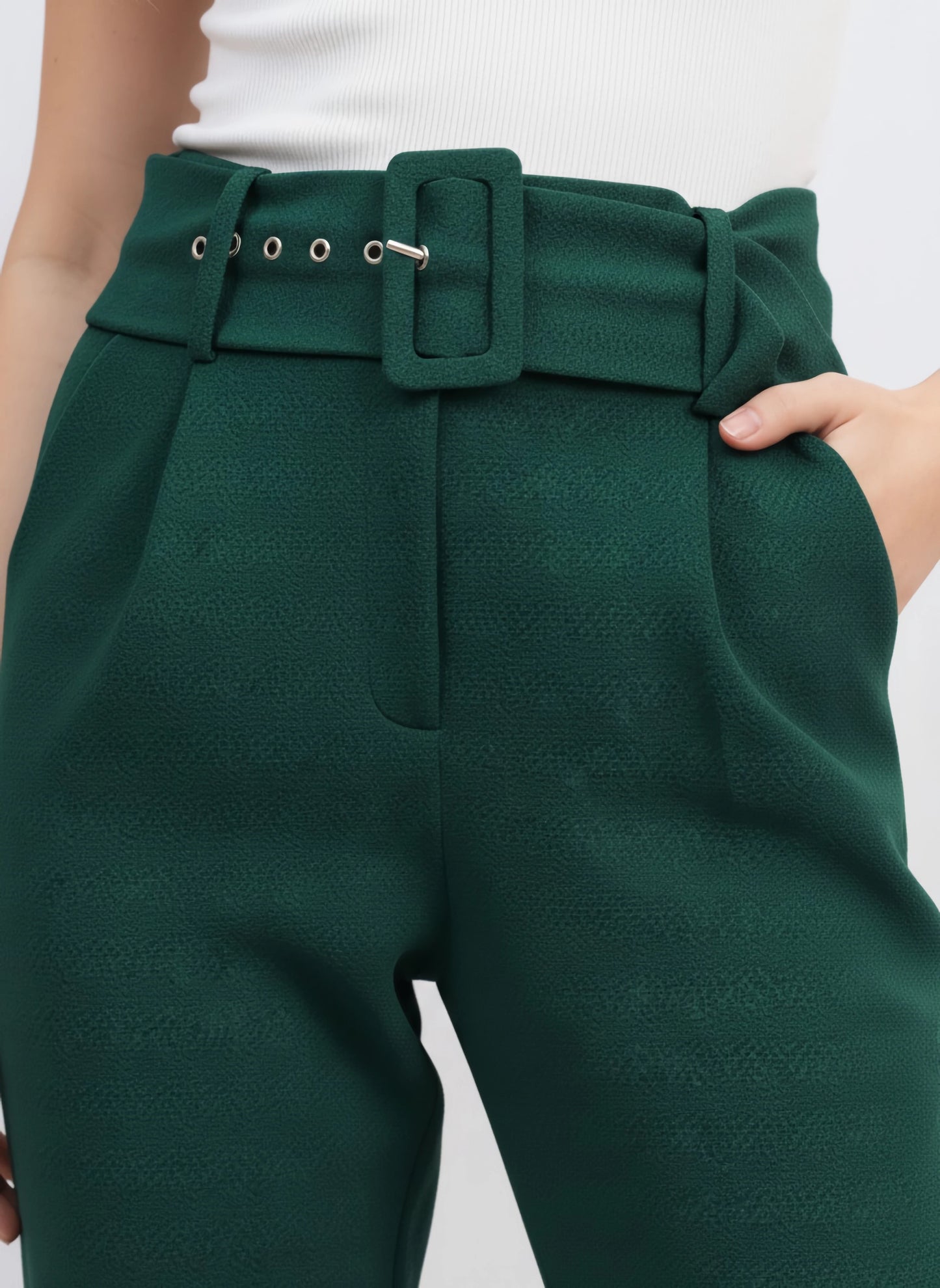 Berrylush BIZwear Women Solid Green High-Rise Belted Waist Four-Pockets Pleated Maxi Trousers